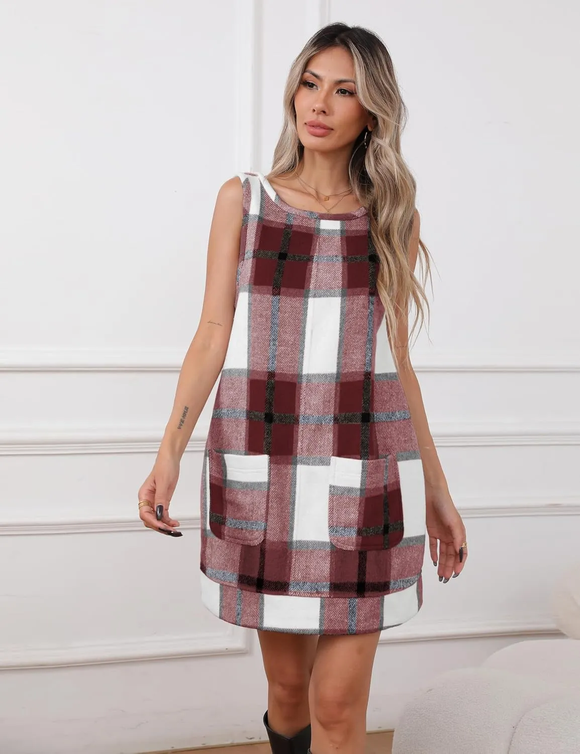 Hooever Plaid Overall Dress for Women Round Neck A Line Skirtall Jumper Mini Dress Pinafore with Pockets