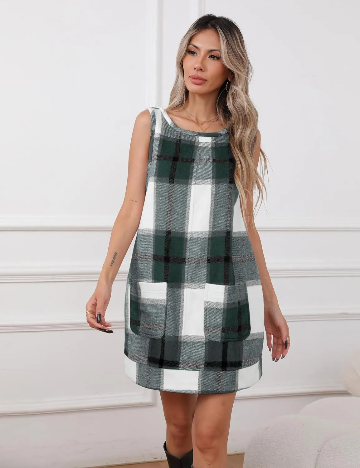Hooever Plaid Overall Dress for Women Round Neck A Line Skirtall Jumper Mini Dress Pinafore with Pockets