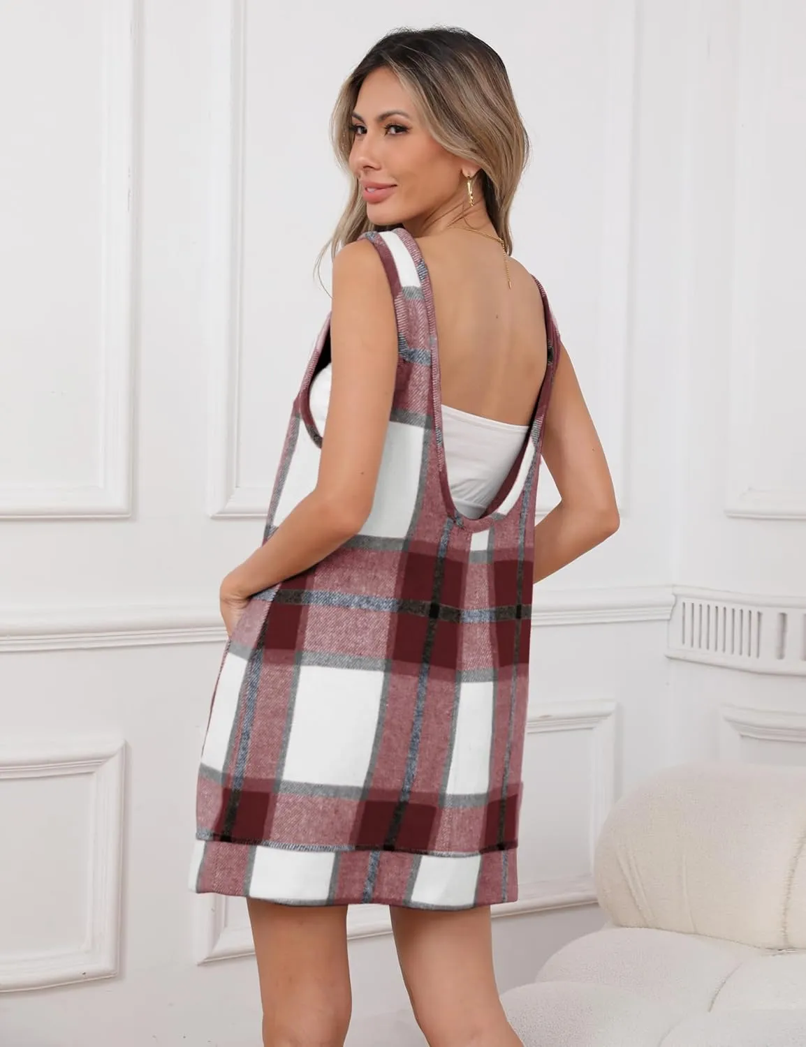 Hooever Plaid Overall Dress for Women Round Neck A Line Skirtall Jumper Mini Dress Pinafore with Pockets