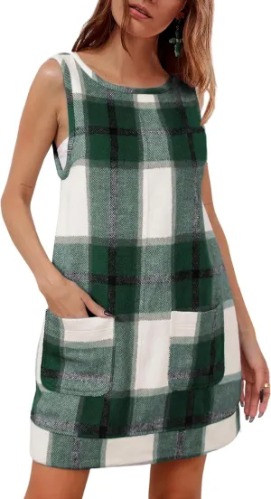 Hooever Plaid Overall Dress for Women Round Neck A Line Skirtall Jumper Mini Dress Pinafore with Pockets