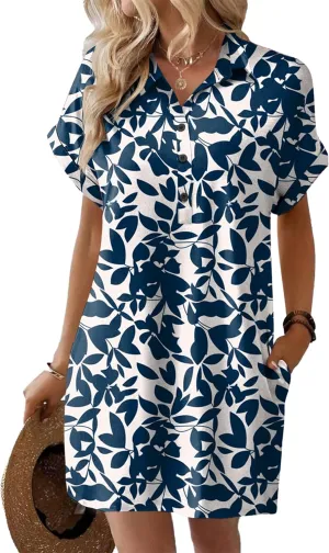 HOTOUCH Womens Summer Shirt Dress Short Sleeve Floral Shift Dresses Casual Loose Flowy Beach Sundress with Pockets