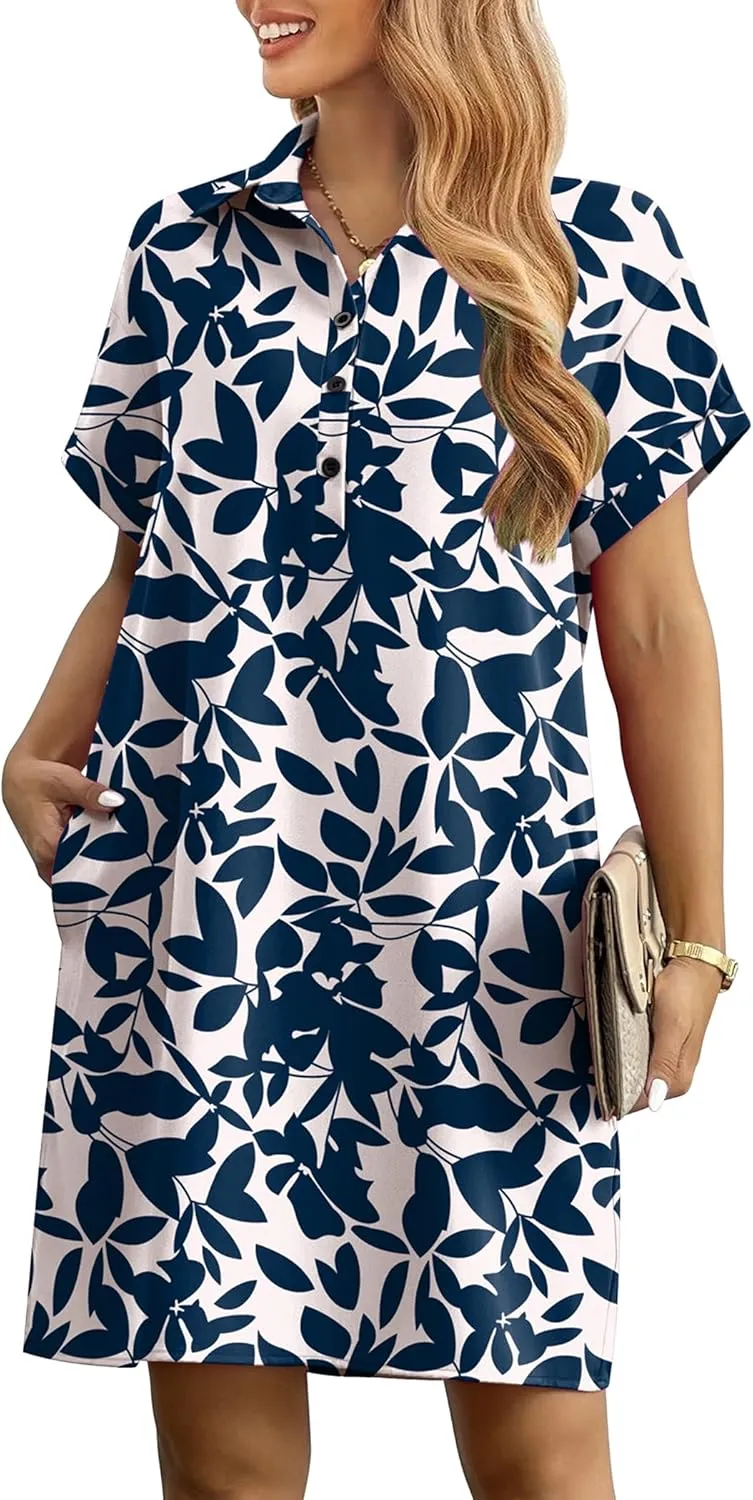 HOTOUCH Womens Summer Shirt Dress Short Sleeve Floral Shift Dresses Casual Loose Flowy Beach Sundress with Pockets
