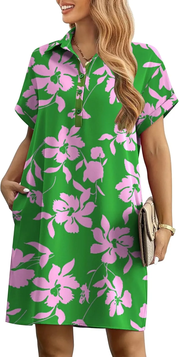 HOTOUCH Womens Summer Shirt Dress Short Sleeve Floral Shift Dresses Casual Loose Flowy Beach Sundress with Pockets