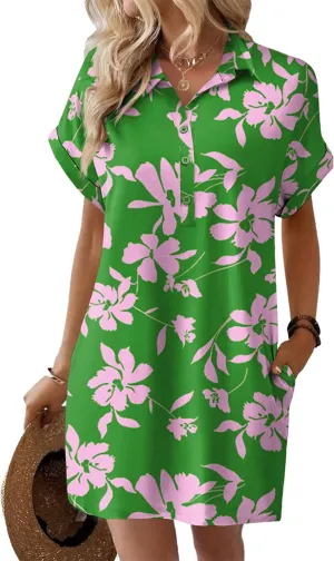 HOTOUCH Womens Summer Shirt Dress Short Sleeve Floral Shift Dresses Casual Loose Flowy Beach Sundress with Pockets