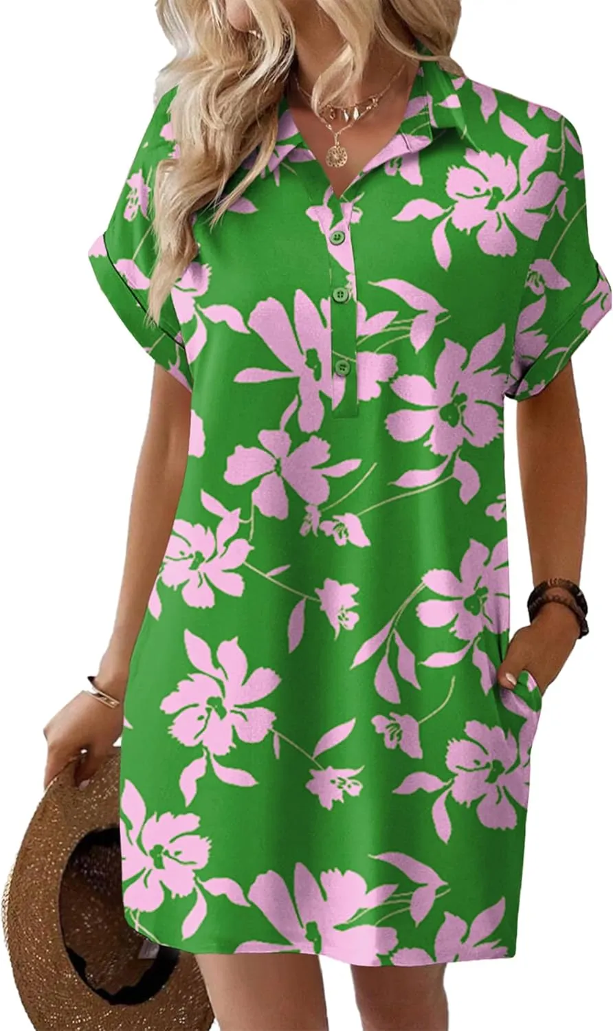 HOTOUCH Womens Summer Shirt Dress Short Sleeve Floral Shift Dresses Casual Loose Flowy Beach Sundress with Pockets