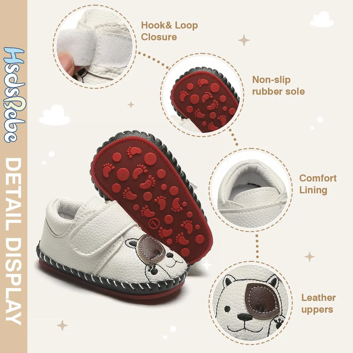 HsdsBebe Baby Boys Girls Pu Leather Hard Bottom Walking Sneakers Toddler Rubber Sole First Walkers Infant Cartoon Slippers Crib Shoes
