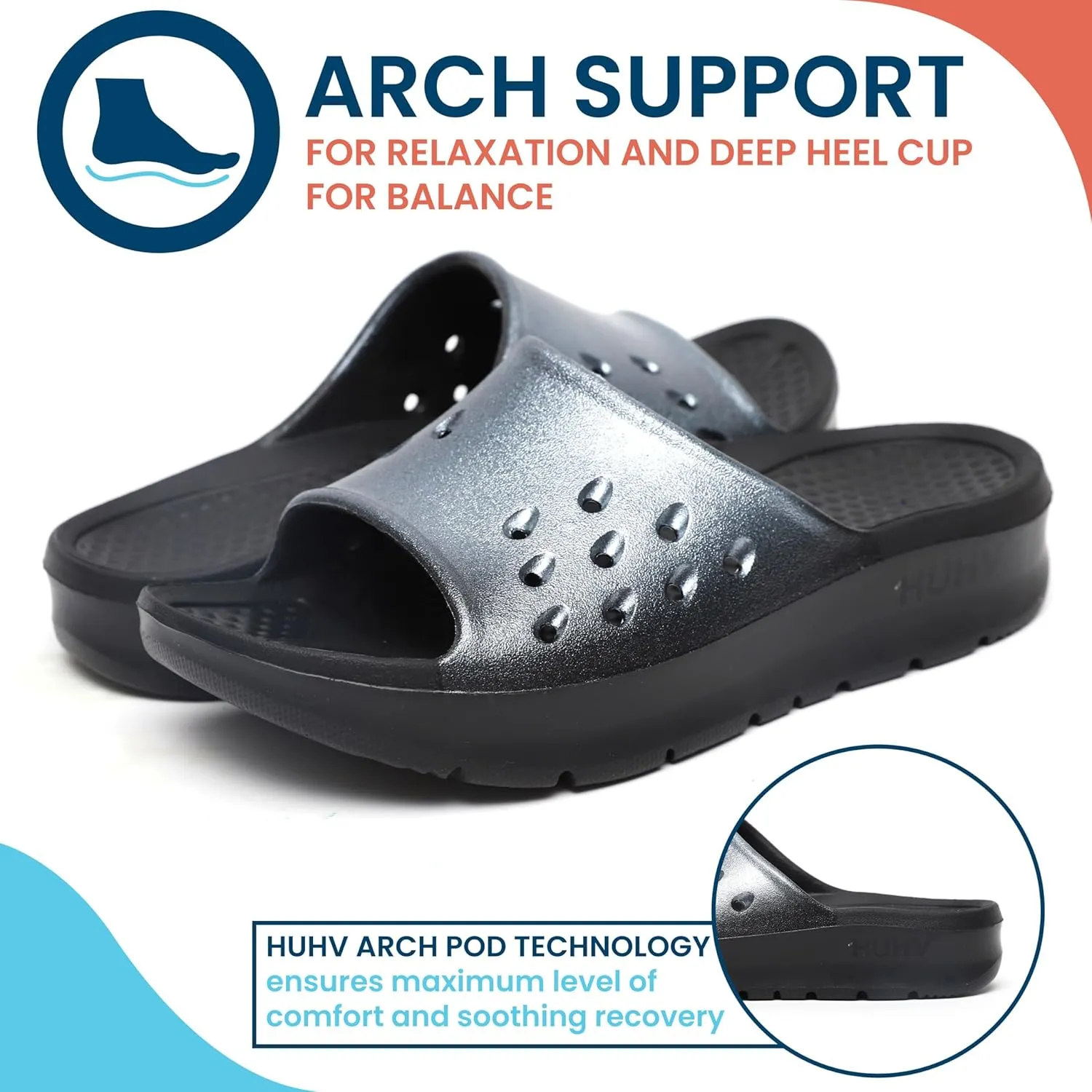 HUHV Women's MAX Cushion Arch Pod Tech Recovery comfort Slide Sandal with Comfort Orthotic Arch Support and our Proprietary HEALIUM Foam Technology
