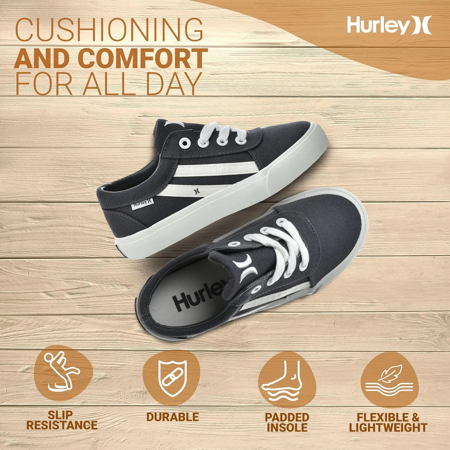 Hurley Boardy Kids Lace Up Canvas Sneakers – Low Cut Skateboarding Shoes for Kids, Sports Shoes for Boys and Girls