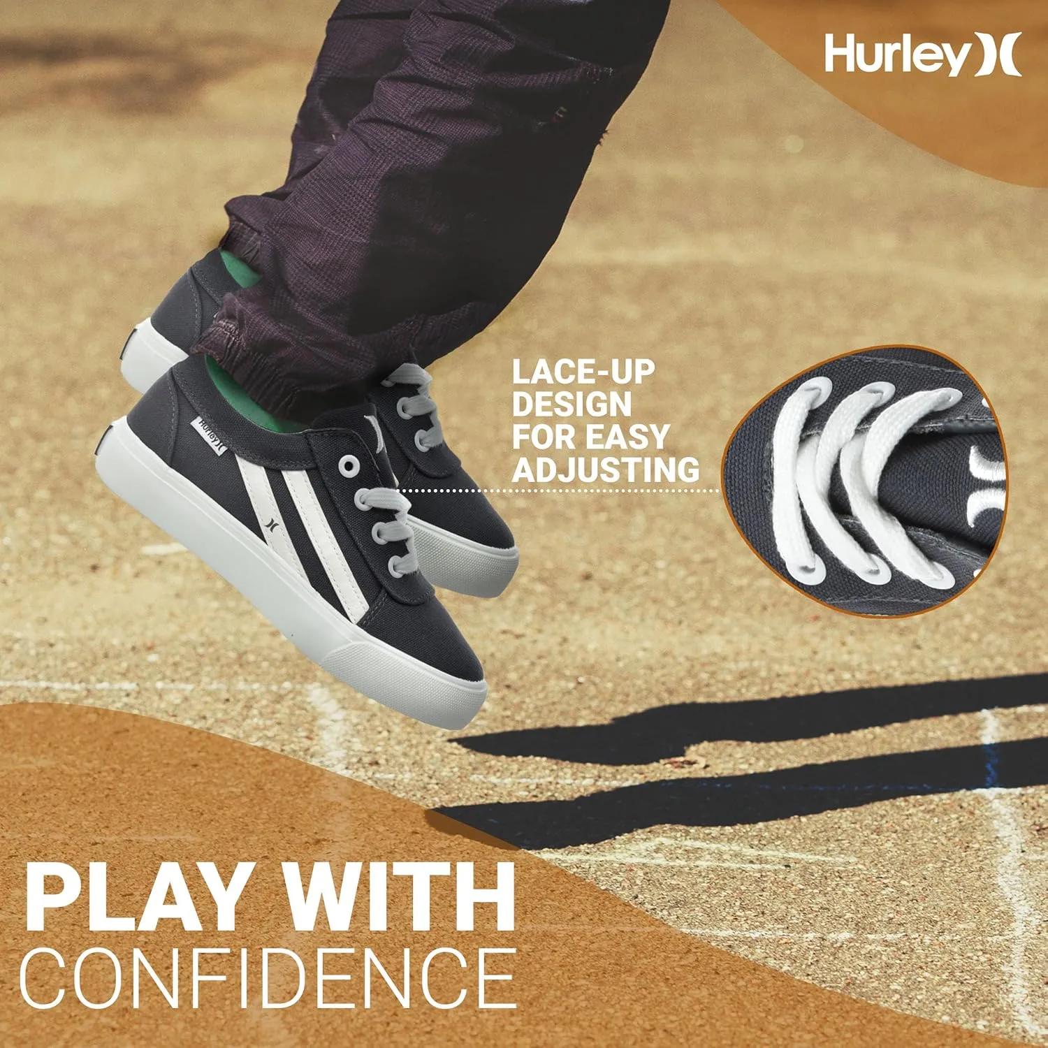 Hurley Boardy Kids Lace Up Canvas Sneakers – Low Cut Skateboarding Shoes for Kids, Sports Shoes for Boys and Girls