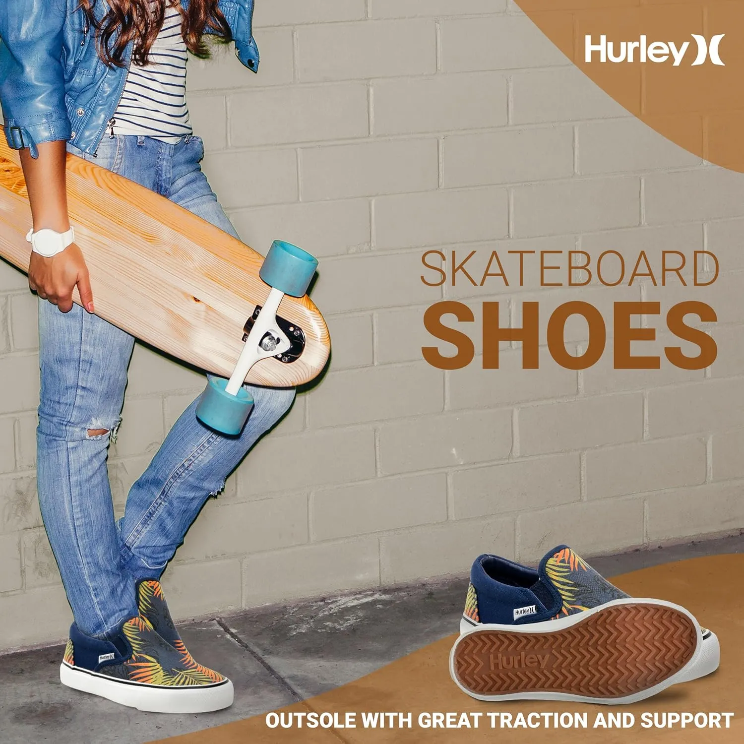 Hurley Kids Canvas Slip On Sneakers – Low Cut Skateboarding Shoes for Kids, Sports Shoes for Boys and Girls, Casual Sneakers