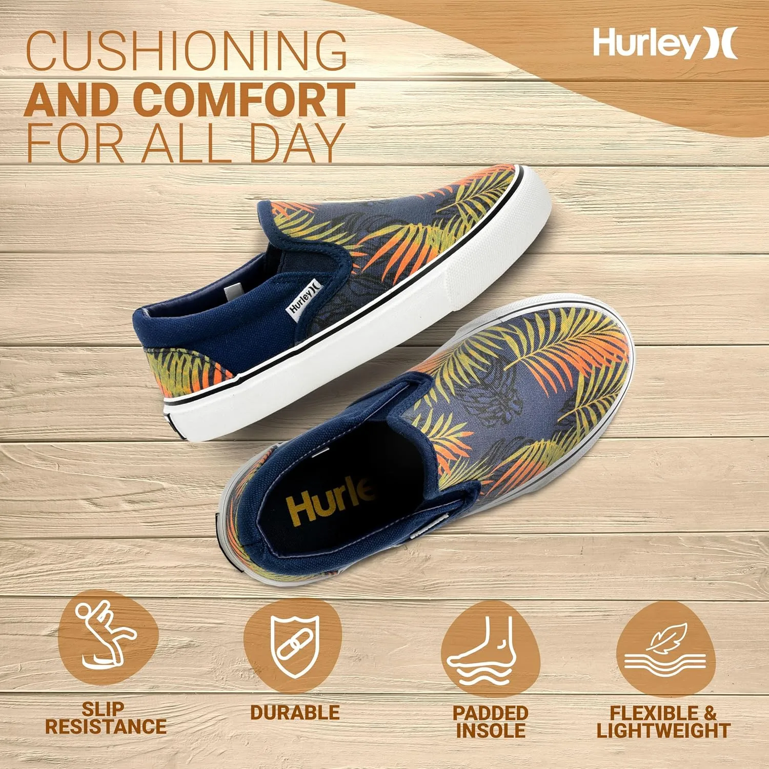 Hurley Kids Canvas Slip On Sneakers – Low Cut Skateboarding Shoes for Kids, Sports Shoes for Boys and Girls, Casual Sneakers