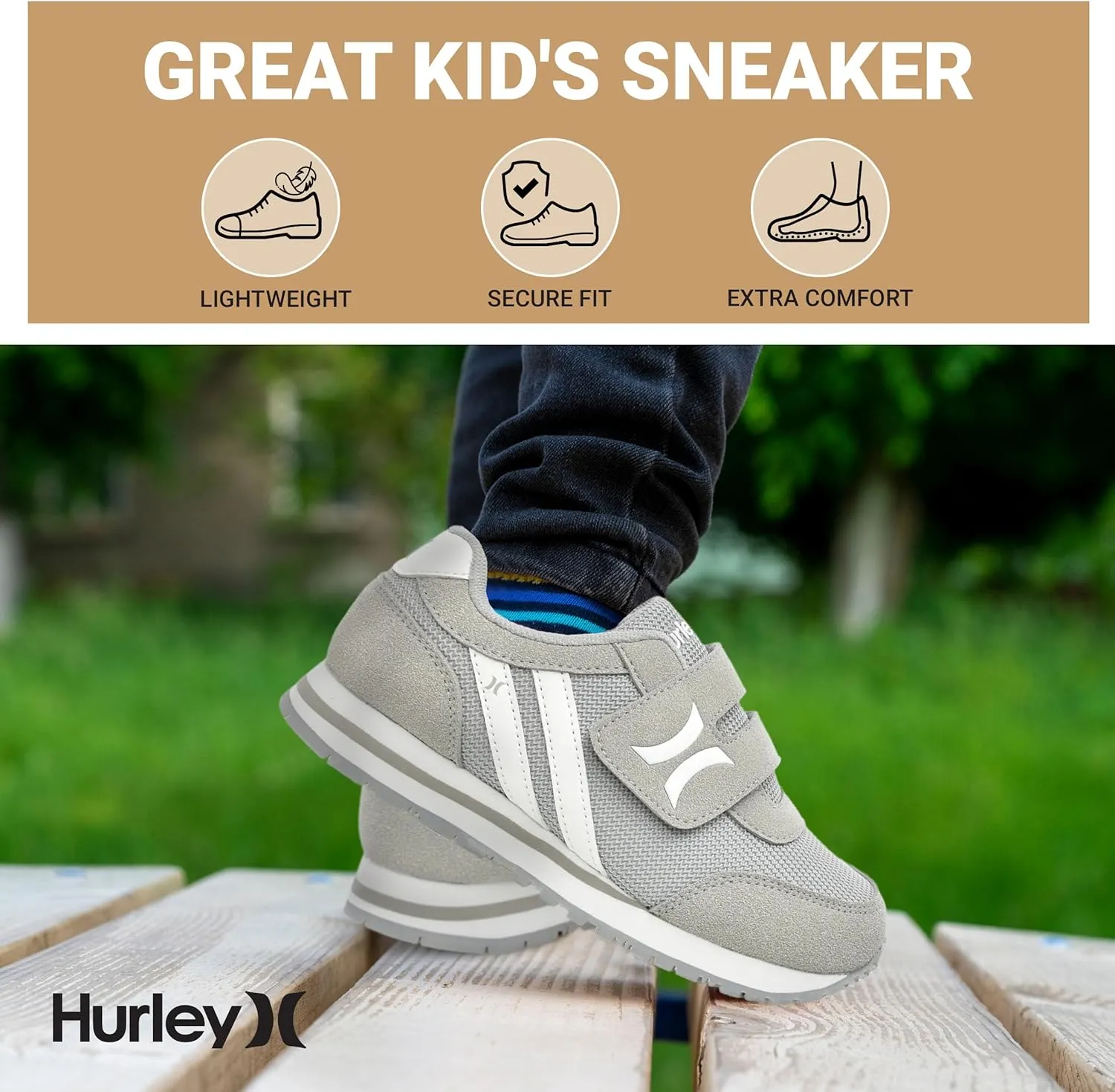 Hurley Kid's Knox Walking Sneakers - Kid's Runner Shoes with Hook & Loop Closure for Easy Wear, Lightweight Running & Walking Shoes for Boys & Girls, Toddler Kid's Sneaker Shoes