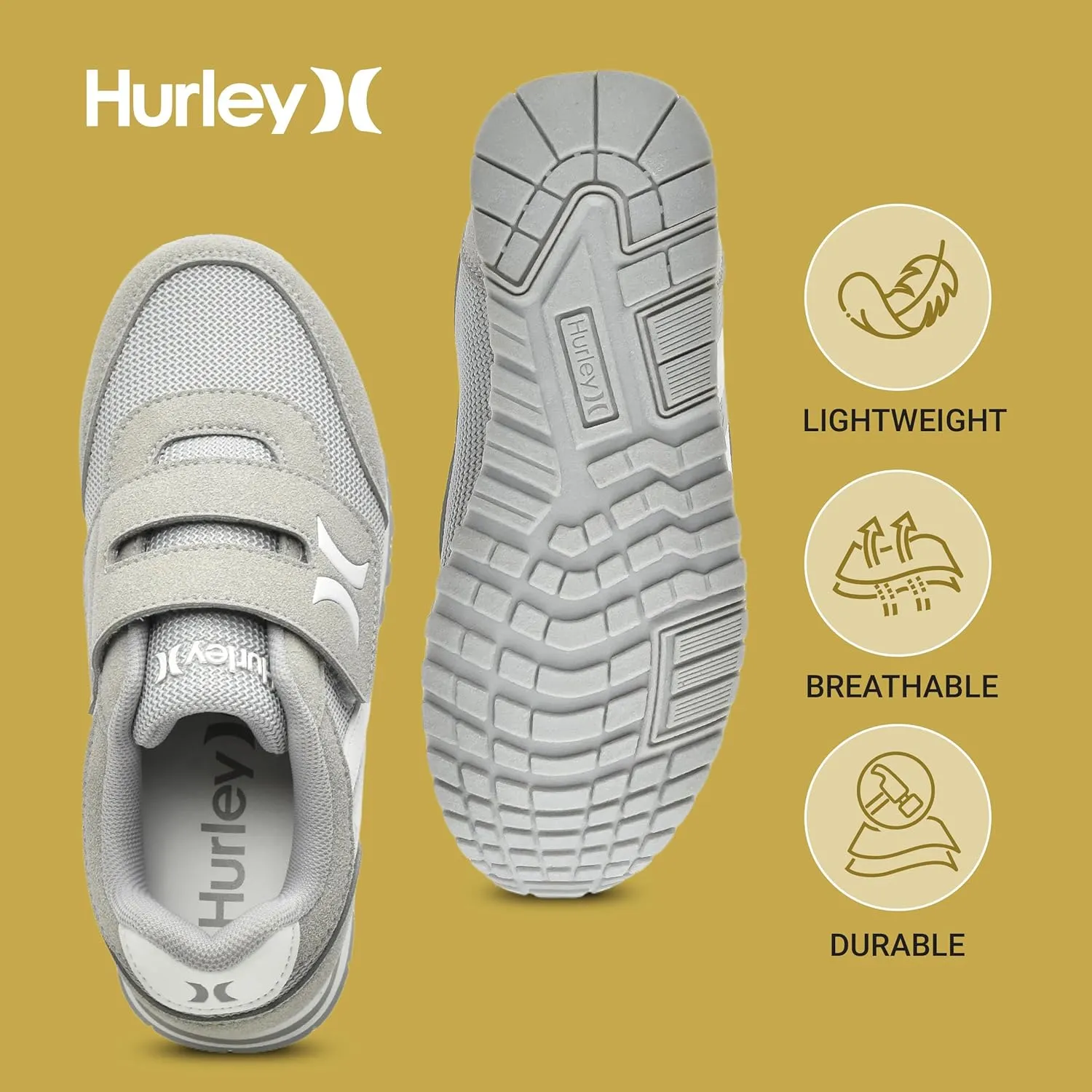 Hurley Kid's Knox Walking Sneakers - Kid's Runner Shoes with Hook & Loop Closure for Easy Wear, Lightweight Running & Walking Shoes for Boys & Girls, Toddler Kid's Sneaker Shoes