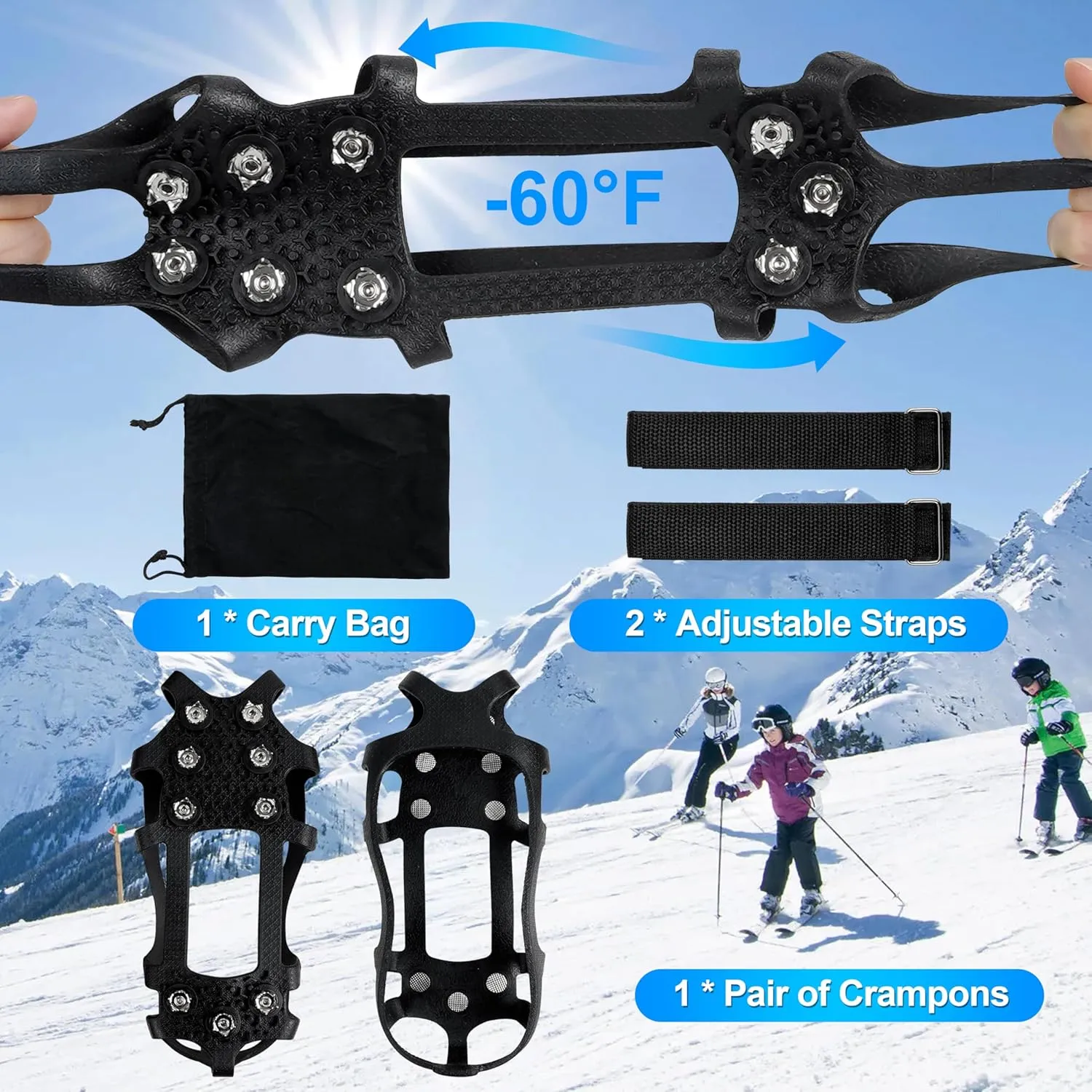Ice Cleats Snow Traction Cleats Crampons for Shoes and Boots,Anti-Skid Overshoe 9 Studs Stainless Steel Grippers Slip-on Stretch Footwear for Walking Jogging Hiking Mountaineering Ice Snow Grips