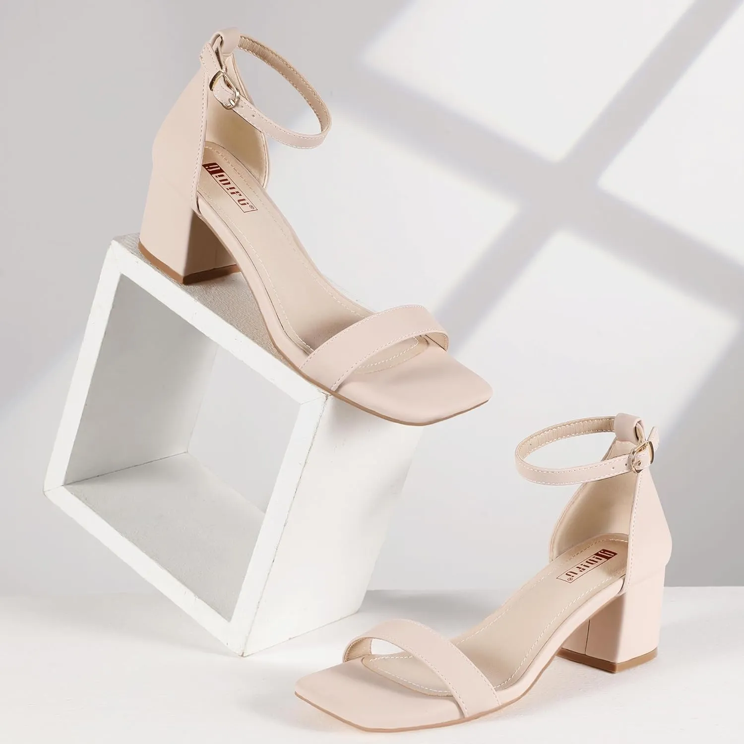 IDIFU IN2 Chunky Block Low Heels Square Open Toe Ankle Strap Short Heeled Sandals Wedding Bride Bridal Ladies Summer Prom Dress Shoes for Women Dressy Comfortable Formal Cute Trendy Small Thick Heels