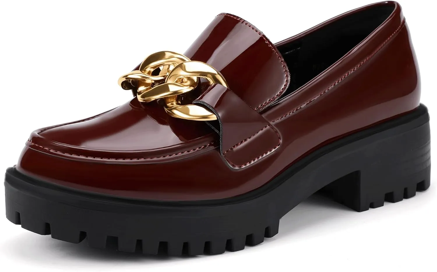 IDIFU IN2 Platform Loafers for Women Dressy with Metal Chain Slip On Low Chunky Block Lug Sole Heeled Penny Loafers Comfort Closed Round Toe Dress Shoes Office Work Business Casual Fall Loafers Shoes
