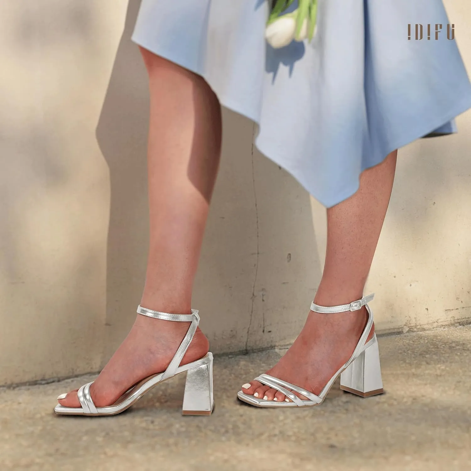 IDIFU IN3 Women's Strappy Heels Chunky Block Square Open Toe Adjustable Ankle Strap Heeled Sandals Slingback Thick Low Wedding Prom Bridal Dress Shoes for Women Short Heels