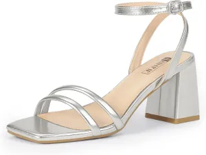 IDIFU IN3 Women's Strappy Heels Chunky Block Square Open Toe Adjustable Ankle Strap Heeled Sandals Slingback Thick Low Wedding Prom Bridal Dress Shoes for Women Short Heels