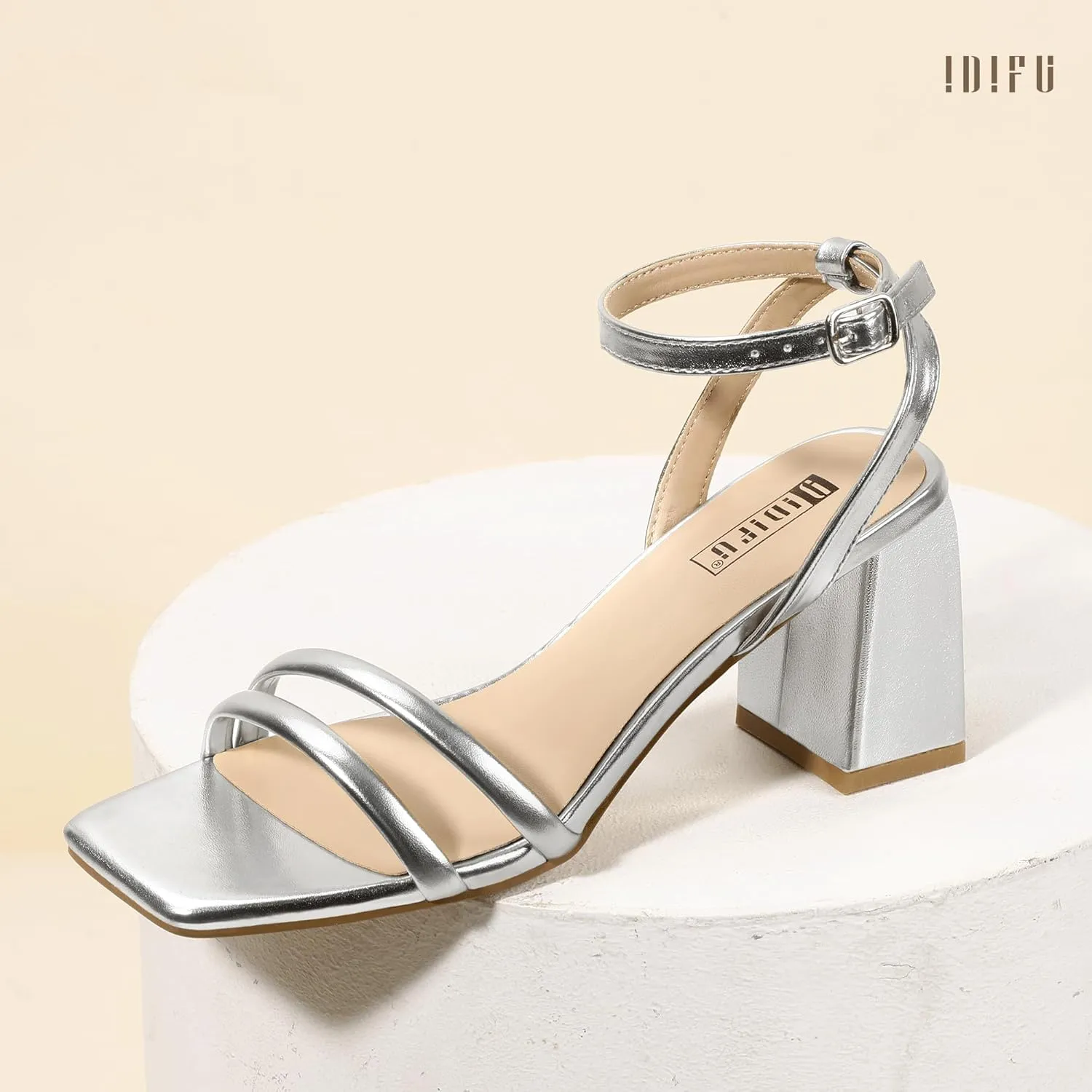 IDIFU IN3 Women's Strappy Heels Chunky Block Square Open Toe Adjustable Ankle Strap Heeled Sandals Slingback Thick Low Wedding Prom Bridal Dress Shoes for Women Short Heels