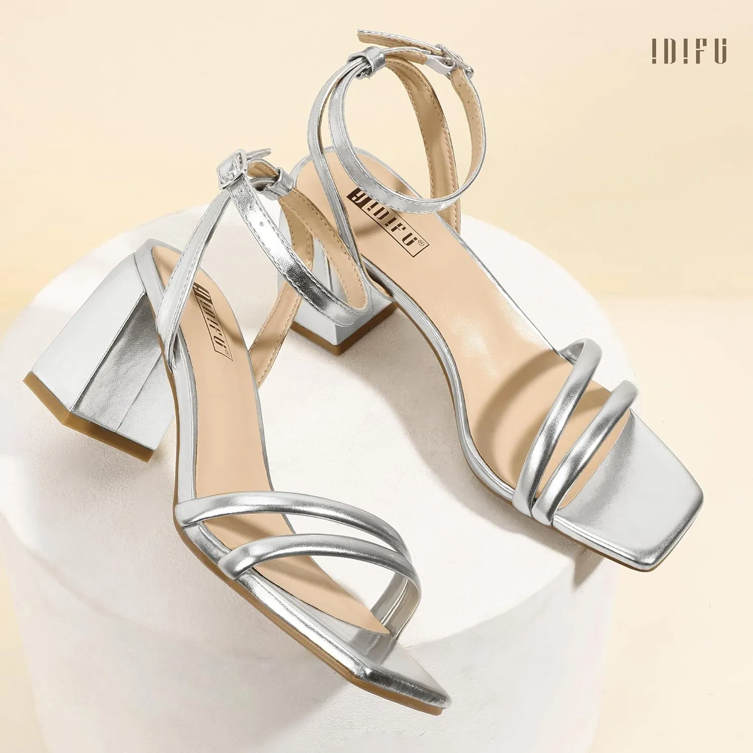 IDIFU IN3 Women's Strappy Heels Chunky Block Square Open Toe Adjustable Ankle Strap Heeled Sandals Slingback Thick Low Wedding Prom Bridal Dress Shoes for Women Short Heels