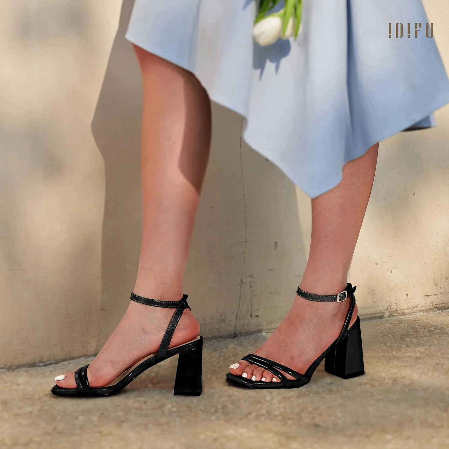 IDIFU IN3 Women's Strappy Heels Chunky Block Square Open Toe Adjustable Ankle Strap Heeled Sandals Slingback Thick Low Wedding Prom Bridal Dress Shoes for Women Short Small Heels