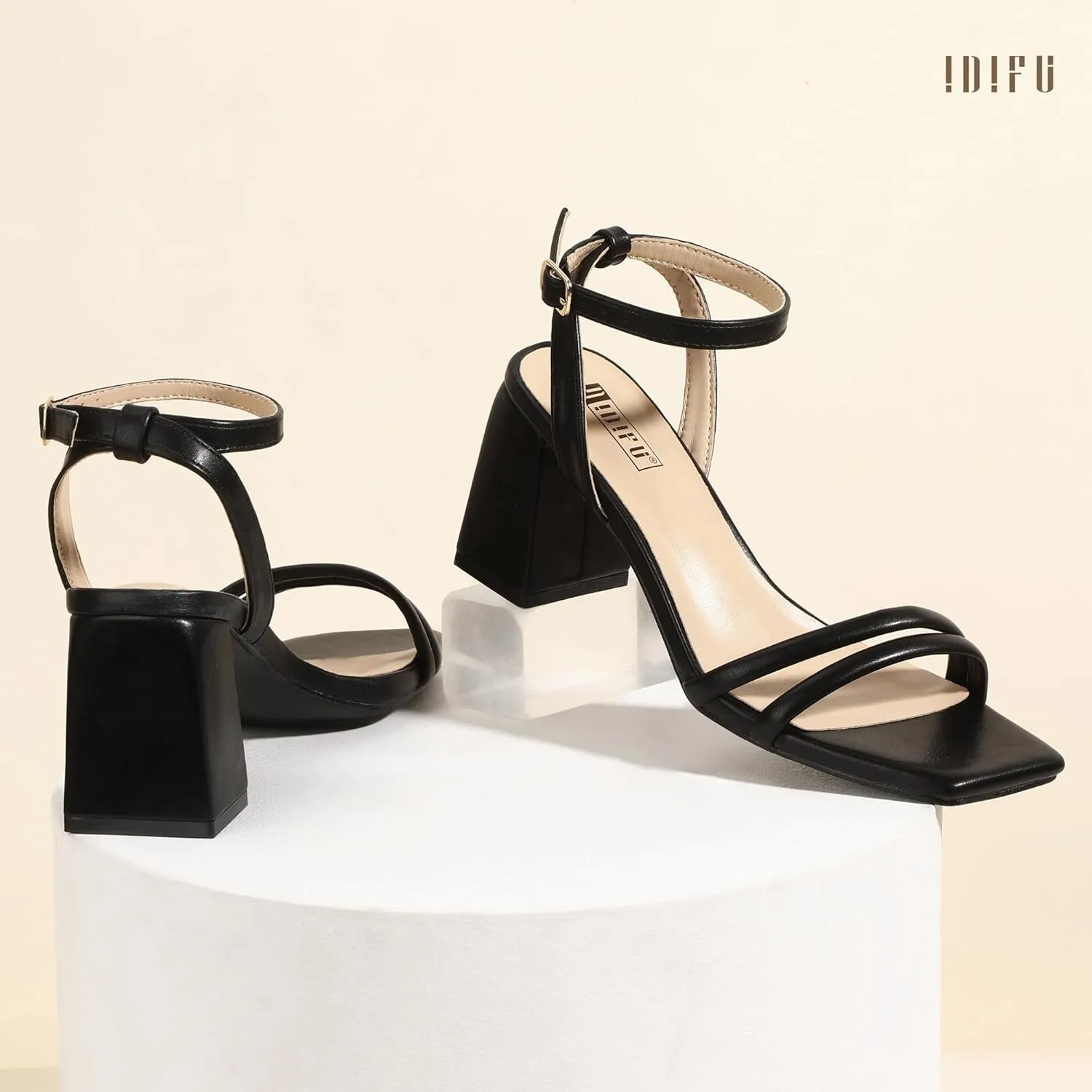 IDIFU IN3 Women's Strappy Heels Chunky Block Square Open Toe Adjustable Ankle Strap Heeled Sandals Slingback Thick Low Wedding Prom Bridal Dress Shoes for Women Short Small Heels