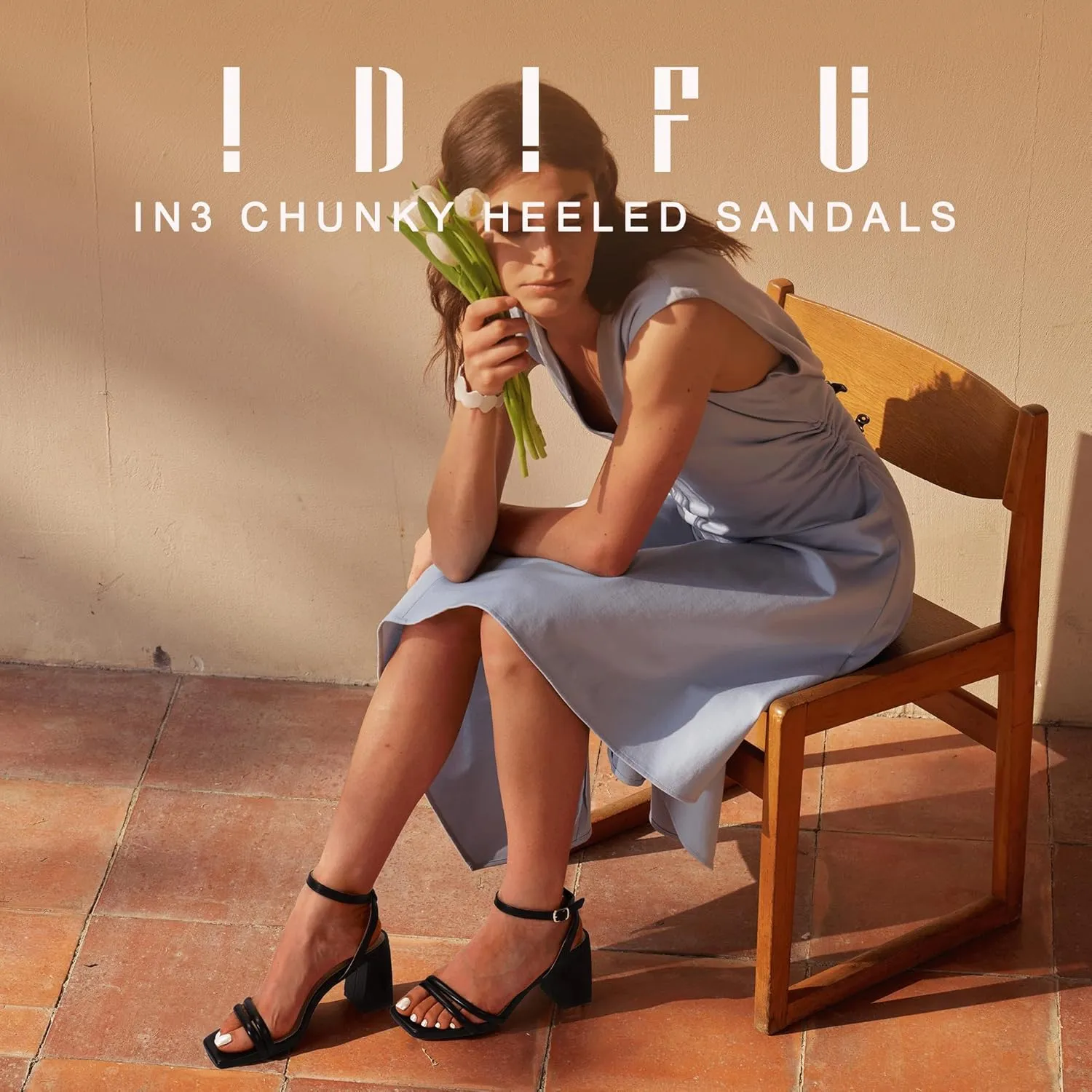 IDIFU IN3 Women's Strappy Heels Chunky Block Square Open Toe Adjustable Ankle Strap Heeled Sandals Slingback Thick Low Wedding Prom Bridal Dress Shoes for Women Short Small Heels