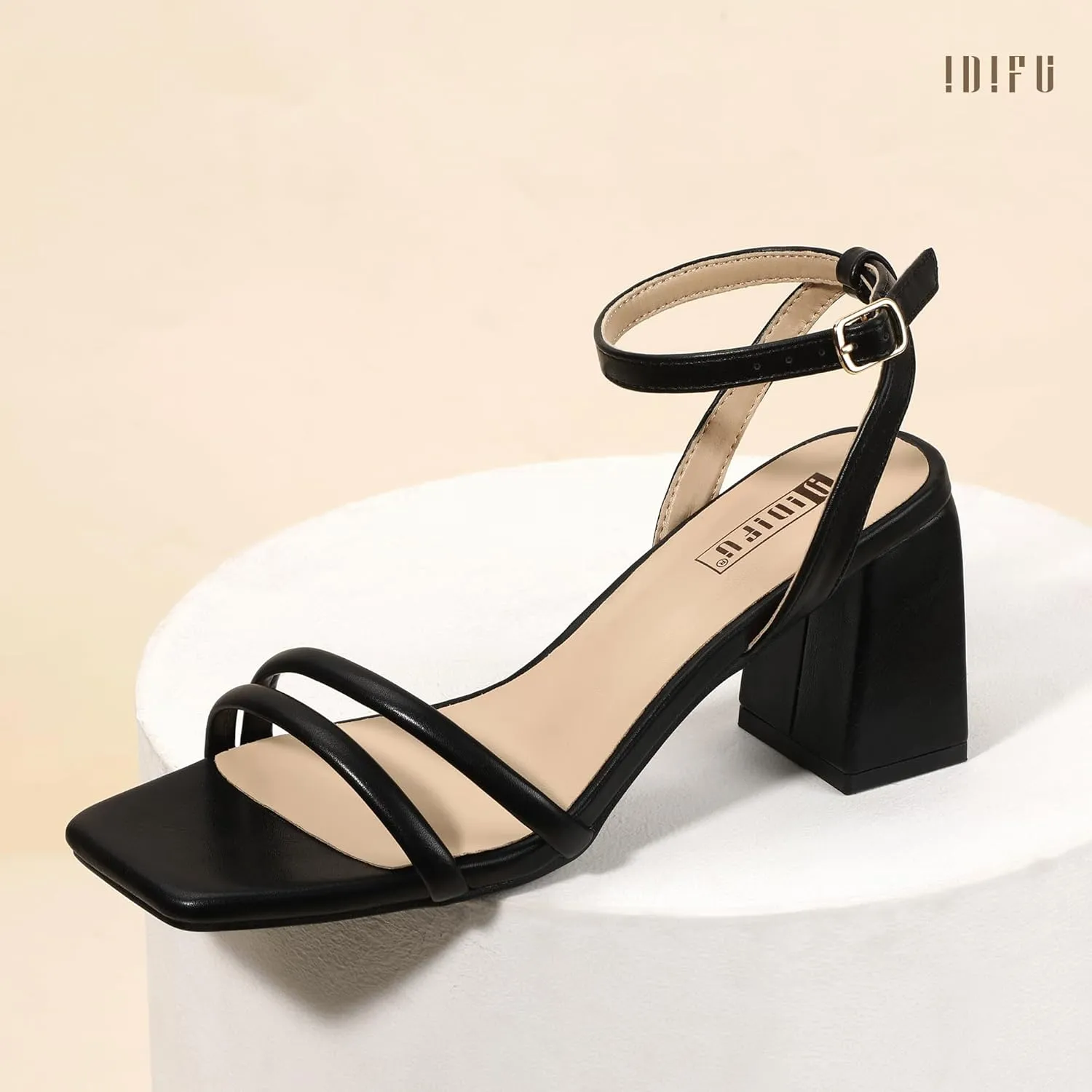 IDIFU IN3 Women's Strappy Heels Chunky Block Square Open Toe Adjustable Ankle Strap Heeled Sandals Slingback Thick Low Wedding Prom Bridal Dress Shoes for Women Short Small Heels