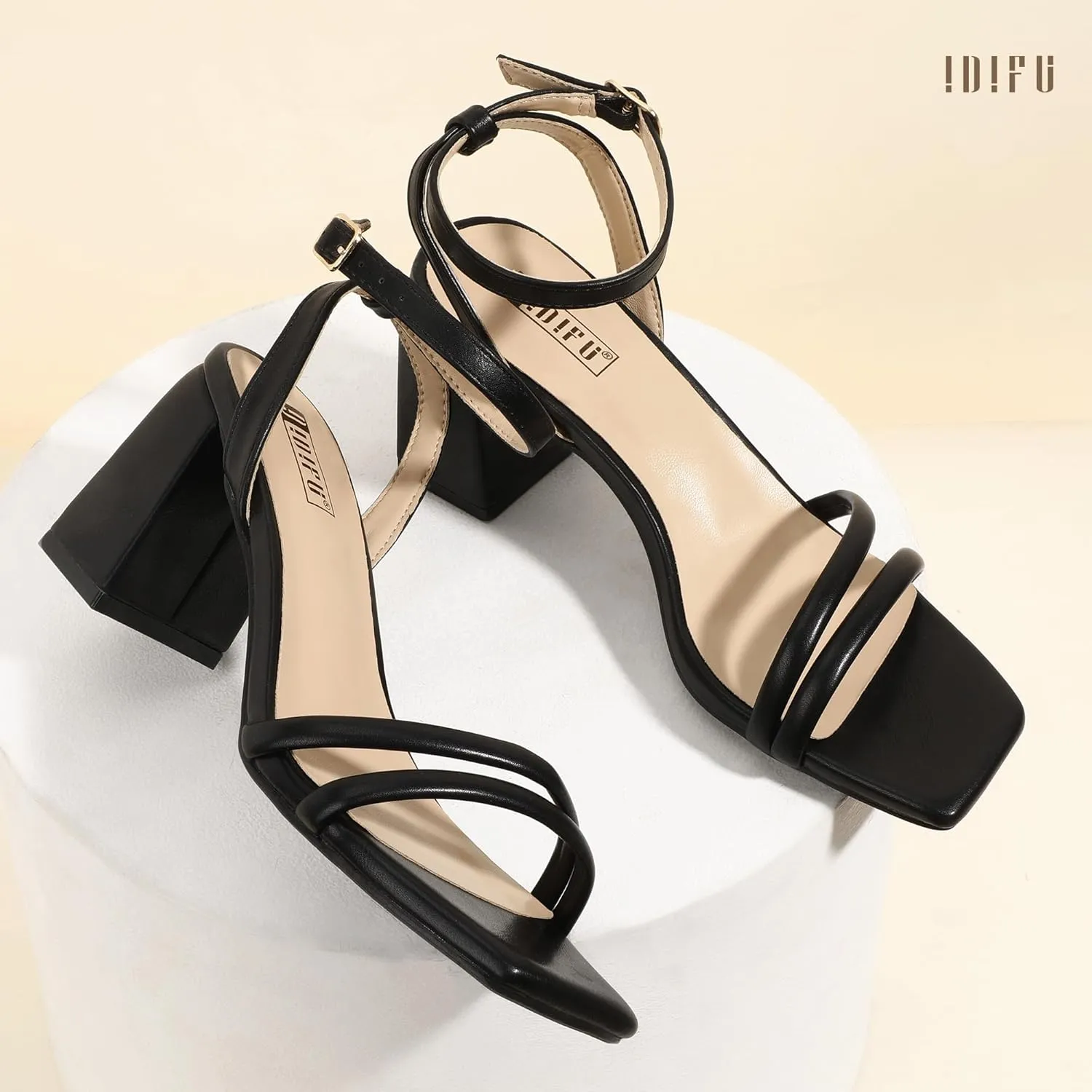 IDIFU IN3 Women's Strappy Heels Chunky Block Square Open Toe Adjustable Ankle Strap Heeled Sandals Slingback Thick Low Wedding Prom Bridal Dress Shoes for Women Short Small Heels