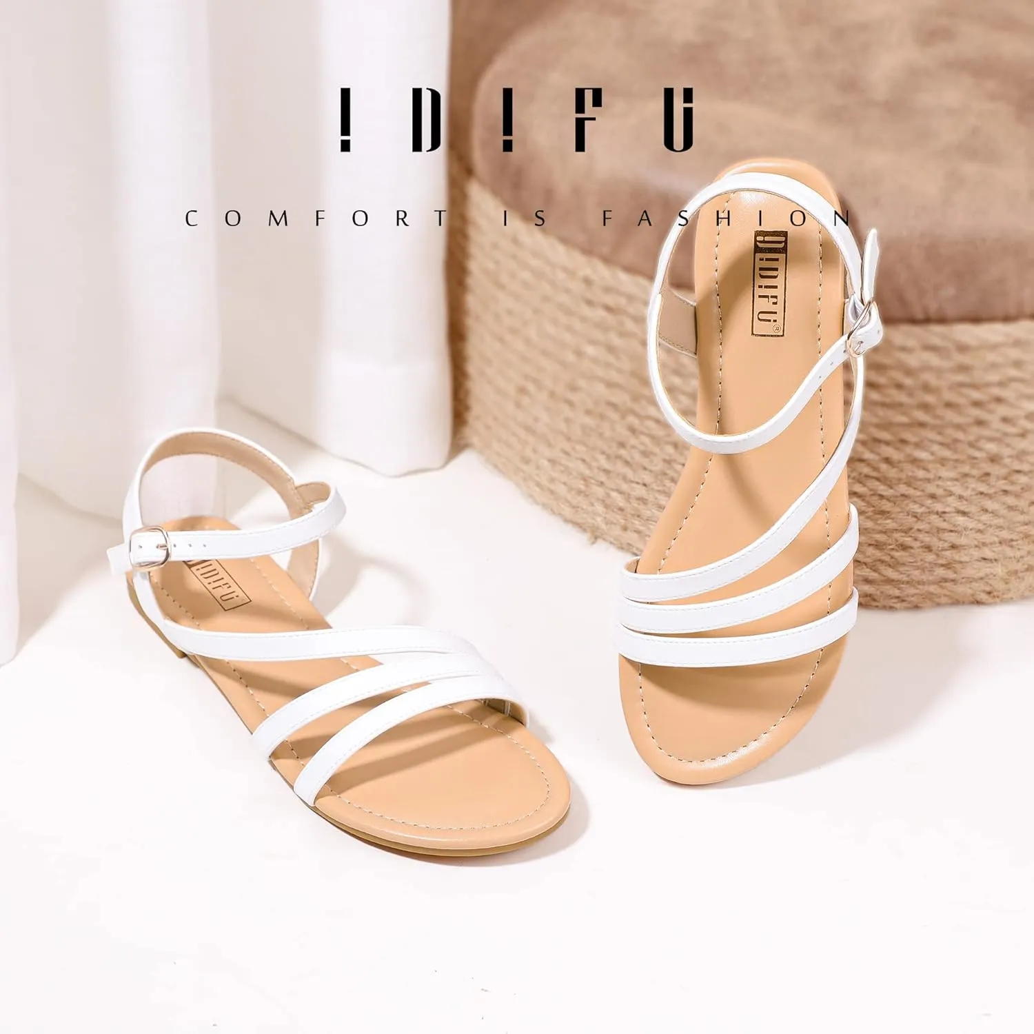 IDIFU Strappy Sandals for Women Dressy Summer Flat Sandals with Back Strap Open Toe Slingback Ankle Strap Sandals Wedding Bridal Prom Bride Bridesmaid Sandals Comfortable Cute Casual Dress Sandals
