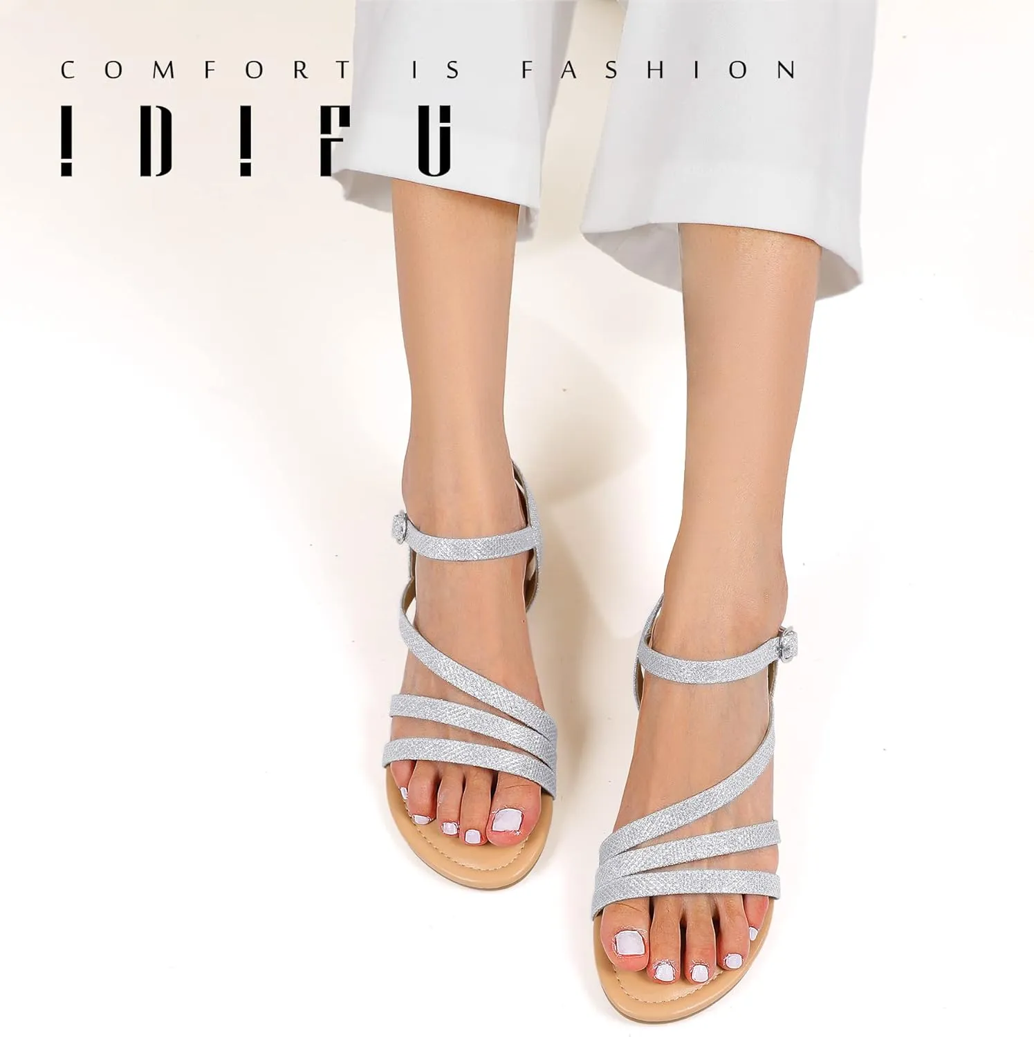 IDIFU Strappy Sandals for Women Dressy Summer Flat Sandals with Back Strap Open Toe Slingback Ankle Strap Sandals Wedding Bridal Prom Bride Bridesmaid Sandals Comfortable Cute Casual Dress Sandals