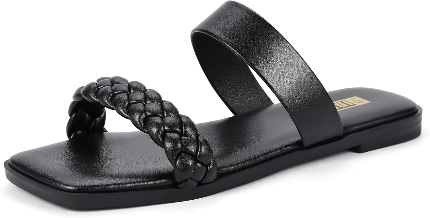 IDIFU Womens Braided Sandals Dressy Summer Flat Strappy Slip on Square Open Toe Two Straps Slides Shoes Wedding Prom Travel Casual Beach Comfortable Cute Trendy Fashion Slide Sandals