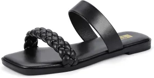 IDIFU Womens Braided Sandals Dressy Summer Flat Strappy Slip on Square Open Toe Two Straps Slides Shoes Wedding Prom Travel Casual Beach Comfortable Cute Trendy Fashion Slide Sandals