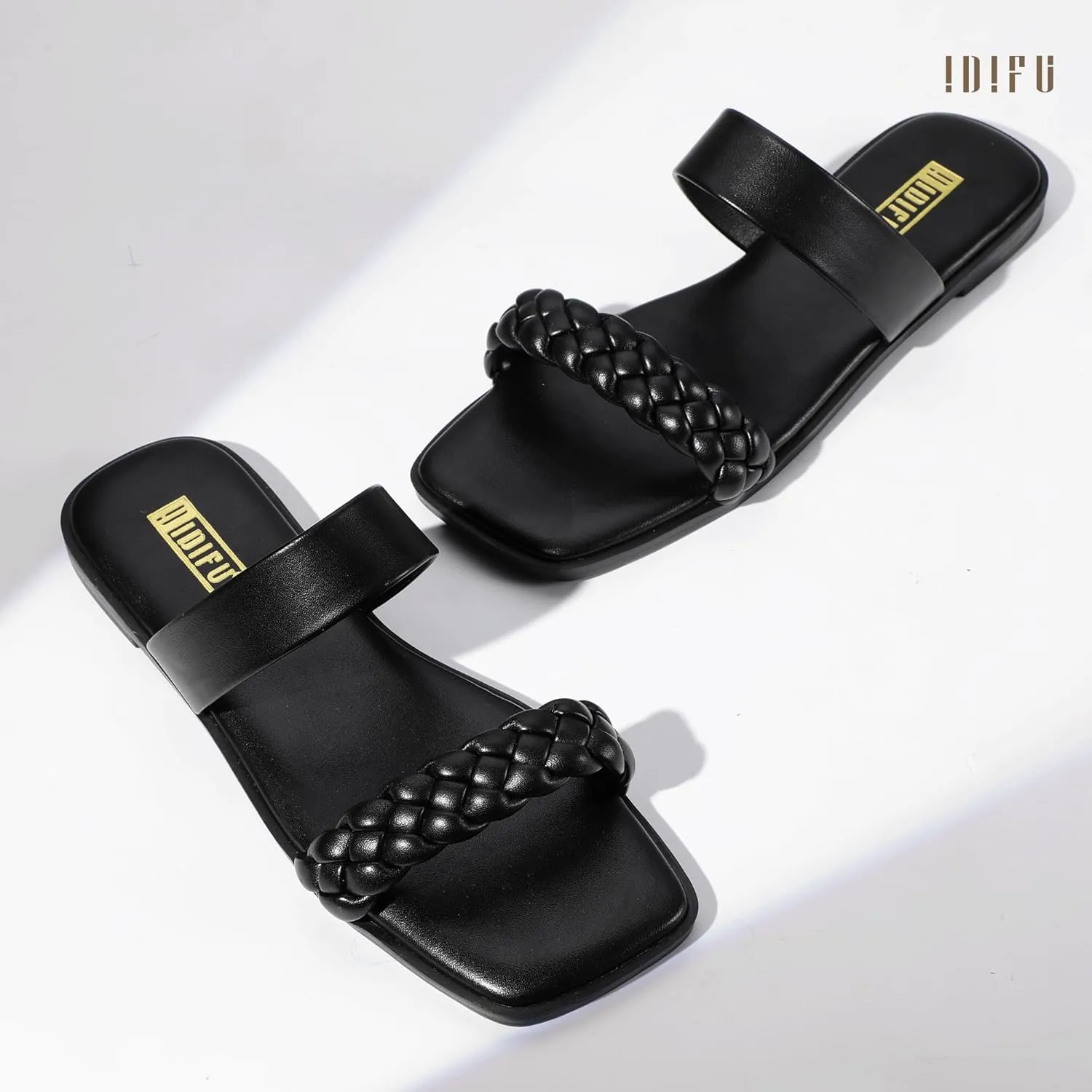 IDIFU Womens Braided Sandals Dressy Summer Flat Strappy Slip on Square Open Toe Two Straps Slides Shoes Wedding Prom Travel Casual Beach Comfortable Cute Trendy Fashion Slide Sandals