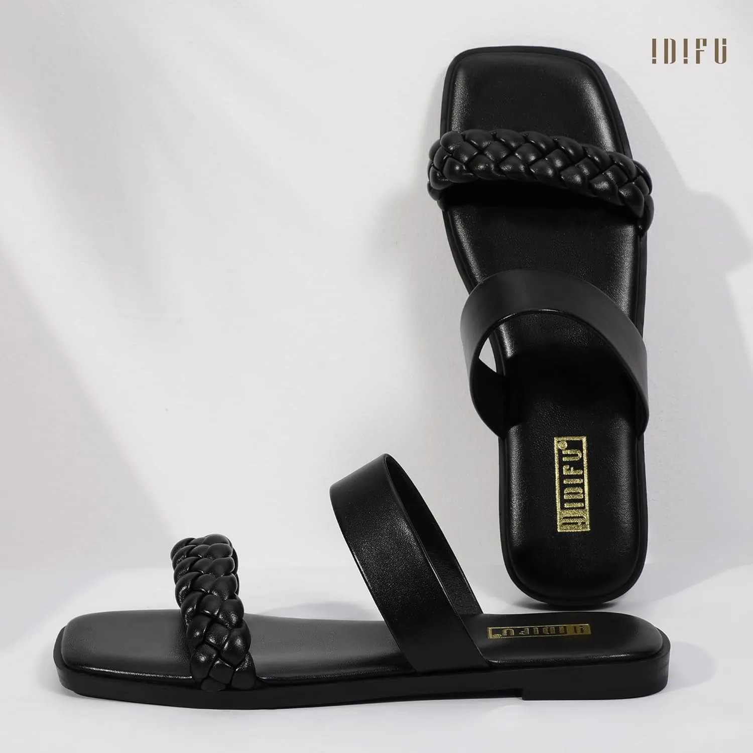 IDIFU Womens Braided Sandals Dressy Summer Flat Strappy Slip on Square Open Toe Two Straps Slides Shoes Wedding Prom Travel Casual Beach Comfortable Cute Trendy Fashion Slide Sandals