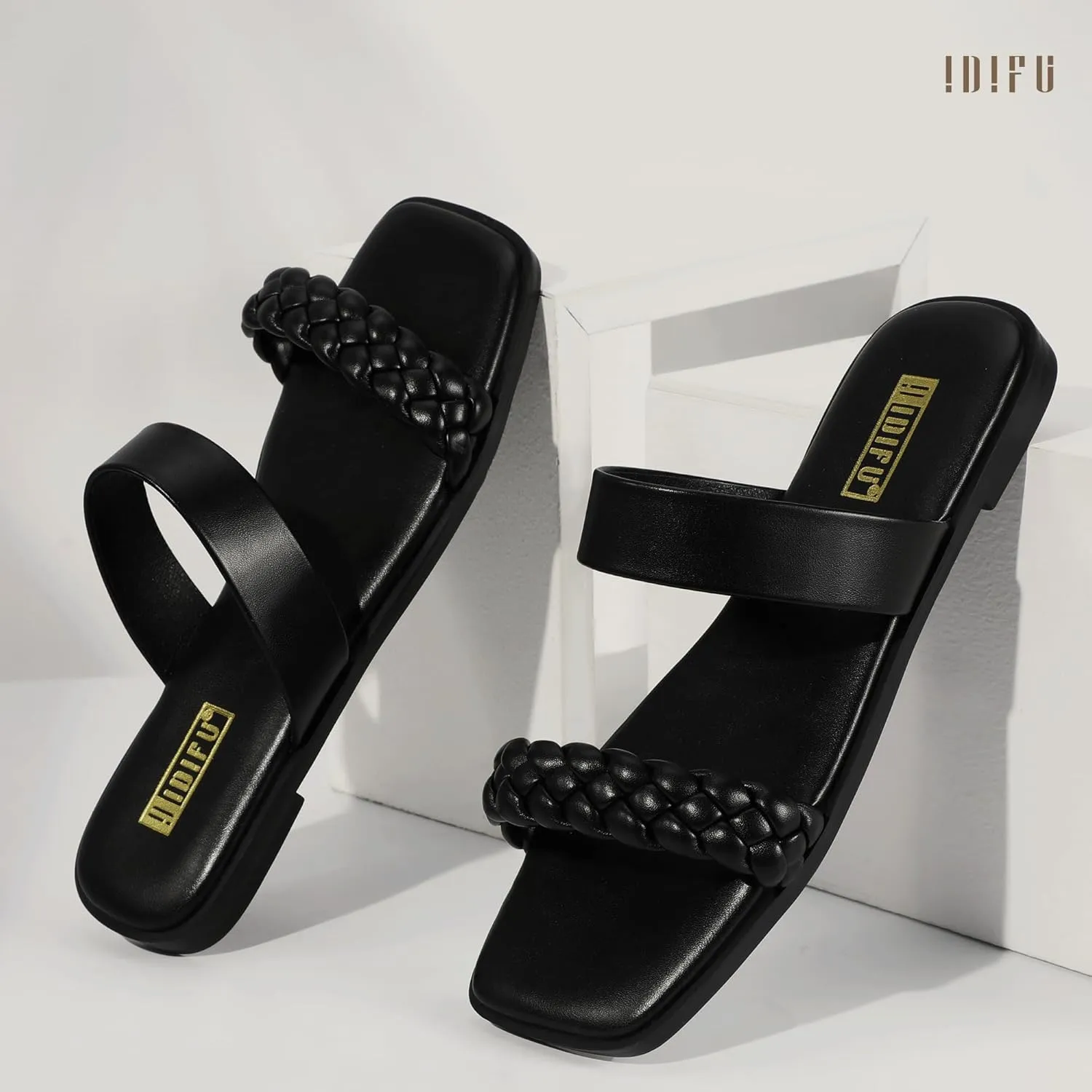 IDIFU Womens Braided Sandals Dressy Summer Flat Strappy Slip on Square Open Toe Two Straps Slides Shoes Wedding Prom Travel Casual Beach Comfortable Cute Trendy Fashion Slide Sandals