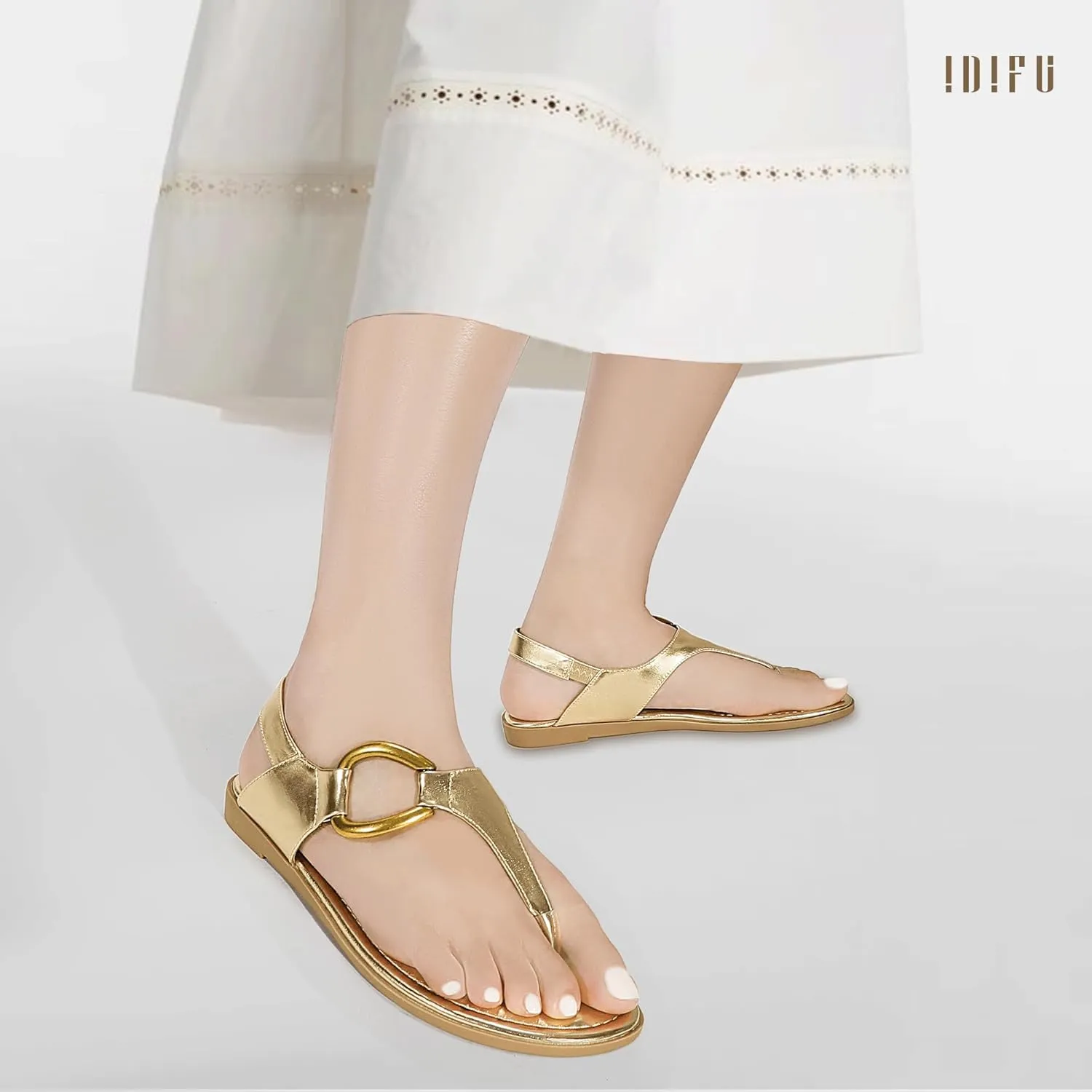 IDIFU Women's Dressy Flat Sandals Dress Thong Sandals T Strap Strappy Buckle Comfortable Sandals Summer Beach Wedding Bridal Cute Ladies Casual Fashion Trendy Flip Flops with Back Strap Flat Sandals
