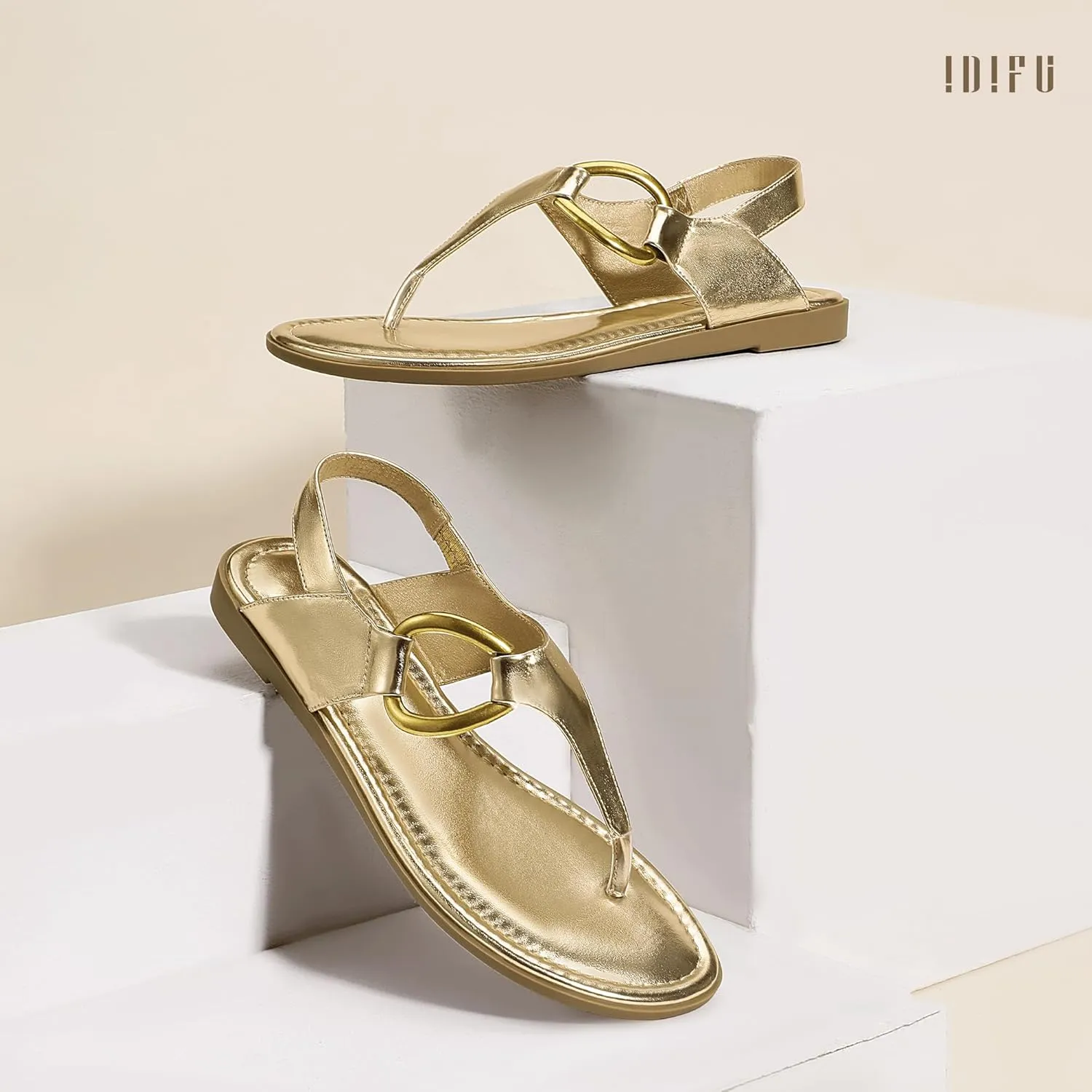 IDIFU Women's Dressy Flat Sandals Dress Thong Sandals T Strap Strappy Buckle Comfortable Sandals Summer Beach Wedding Bridal Cute Ladies Casual Fashion Trendy Flip Flops with Back Strap Flat Sandals