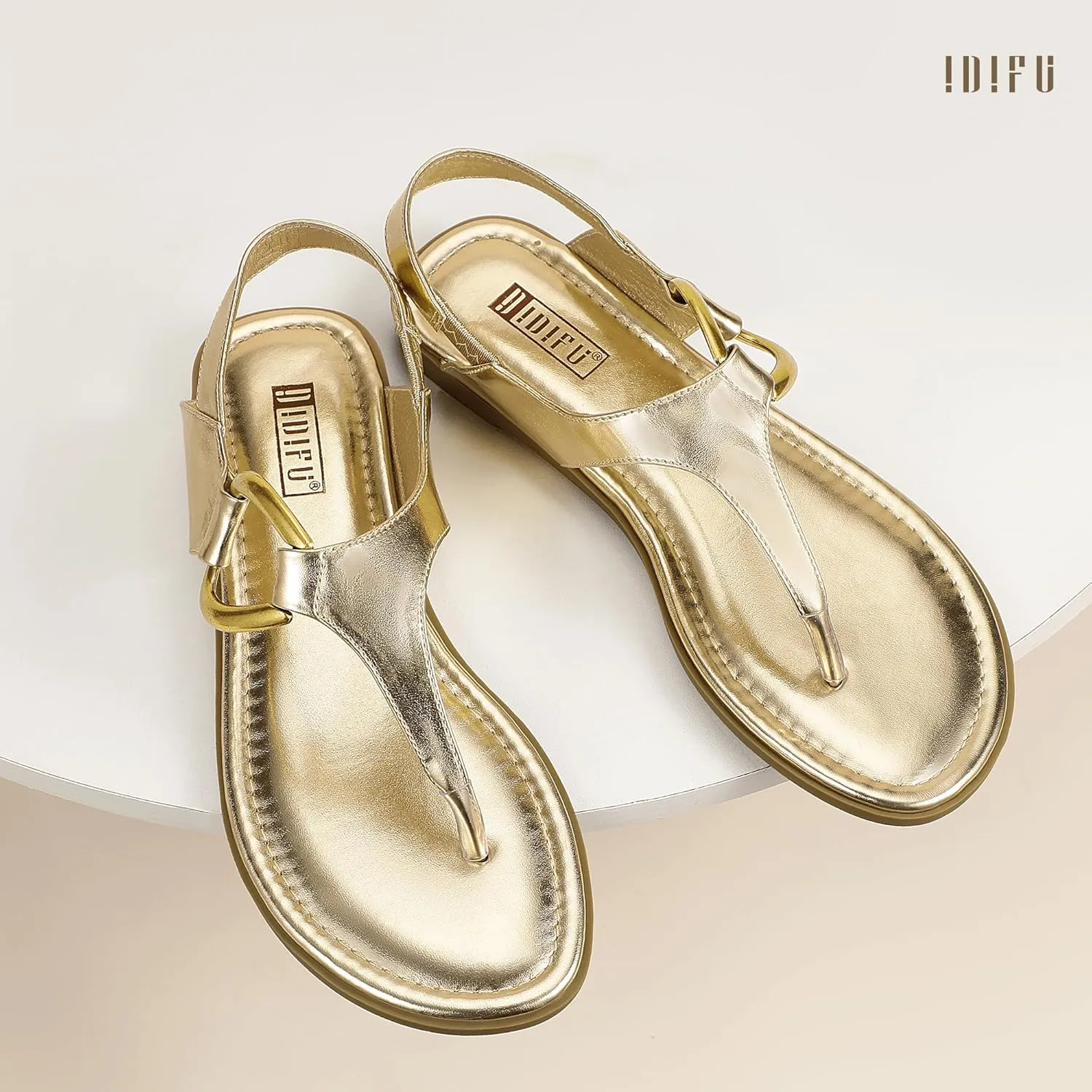 IDIFU Women's Dressy Flat Sandals Dress Thong Sandals T Strap Strappy Buckle Comfortable Sandals Summer Beach Wedding Bridal Cute Ladies Casual Fashion Trendy Flip Flops with Back Strap Flat Sandals