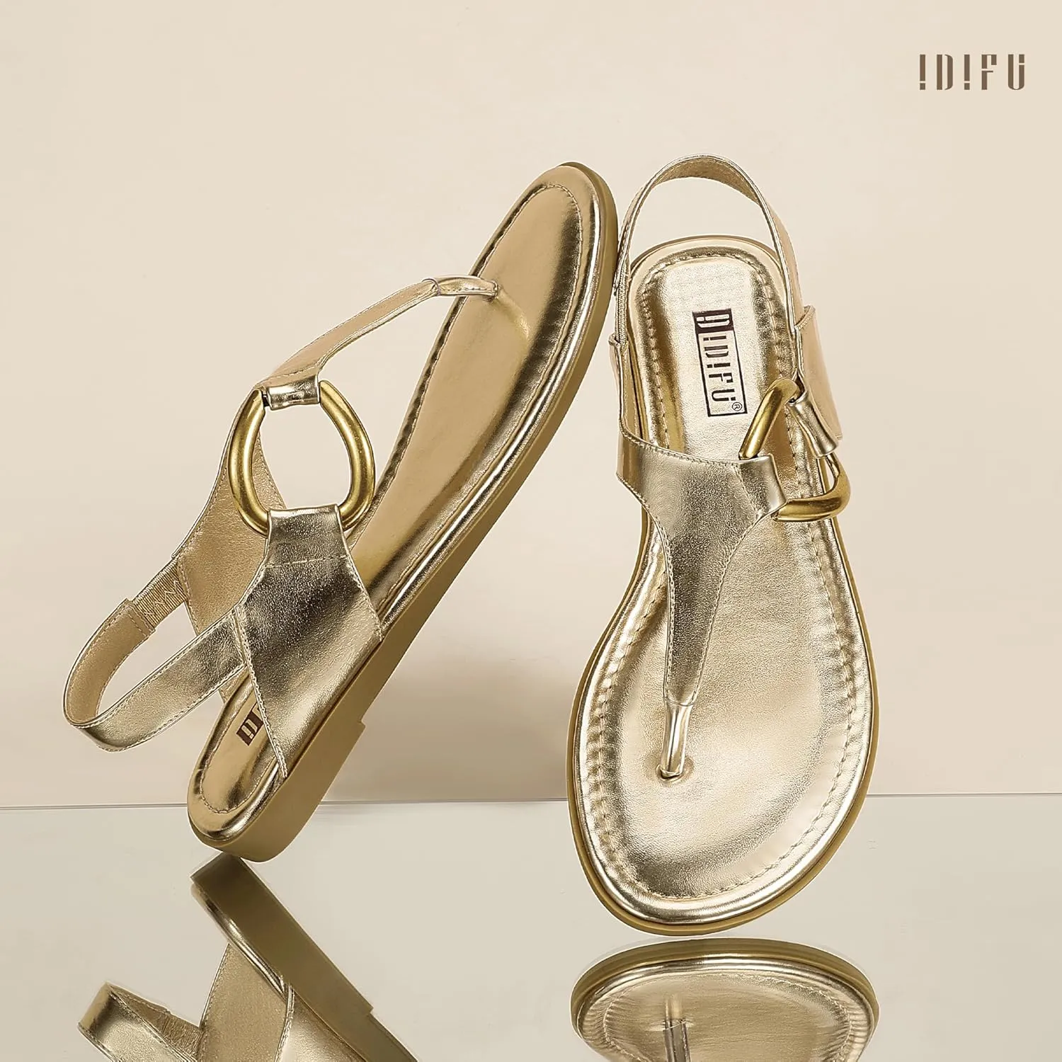 IDIFU Women's Dressy Flat Sandals Dress Thong Sandals T Strap Strappy Buckle Comfortable Sandals Summer Beach Wedding Bridal Cute Ladies Casual Fashion Trendy Flip Flops with Back Strap Flat Sandals
