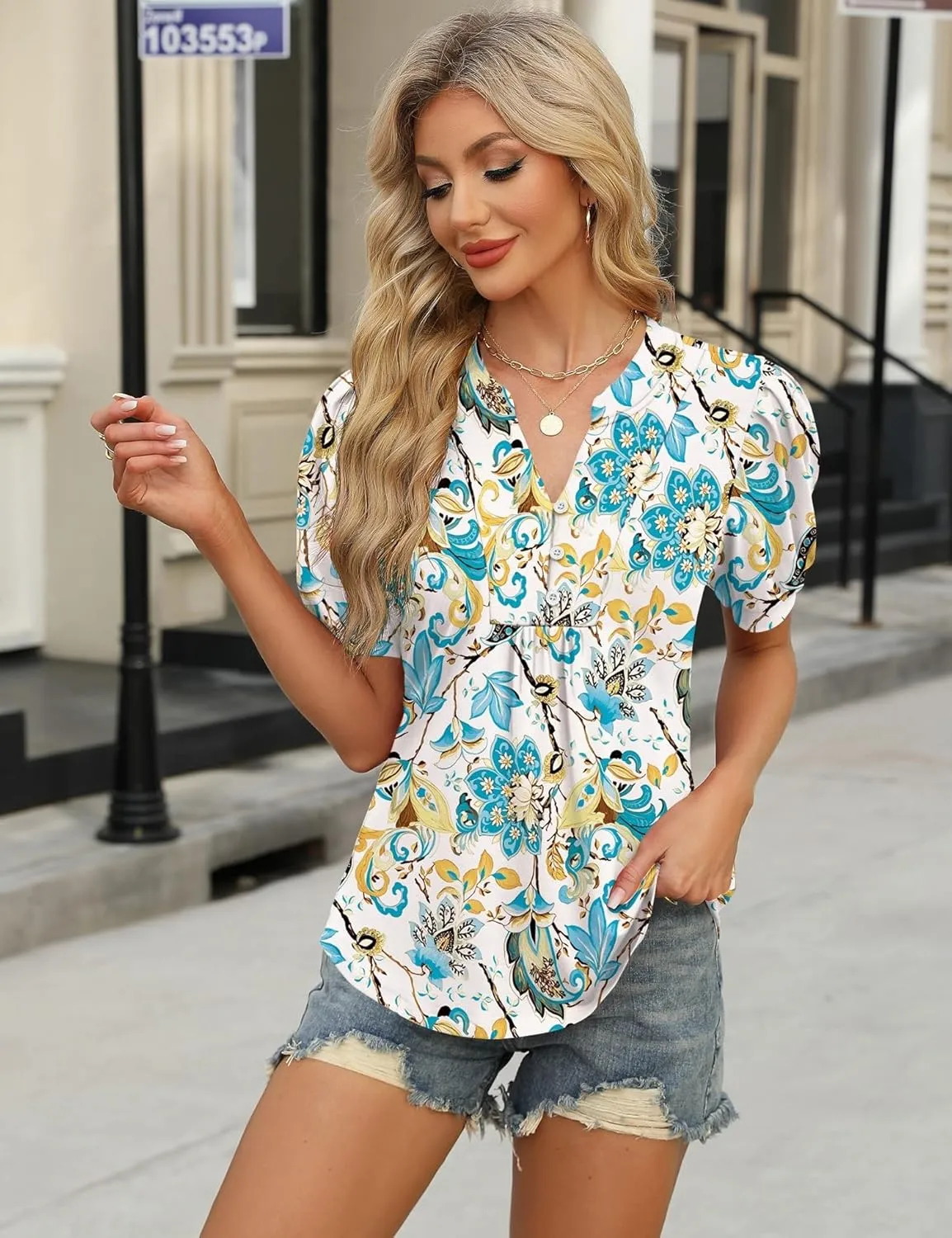 IECCP Womens Tops Puff Short Sleeve Shirts Dressy Casual Henley V-Neck Summer Tops Pleated T-Shirts Loose Fit Tunic Blouses