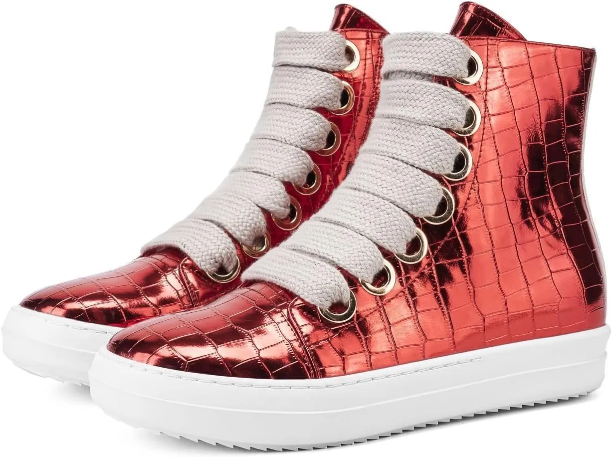 IMPREMEY Women's High Top Sneakers Lace Up Crocodile Leather Shoes Leather Comfort Platform Walking Shoes with Zipper