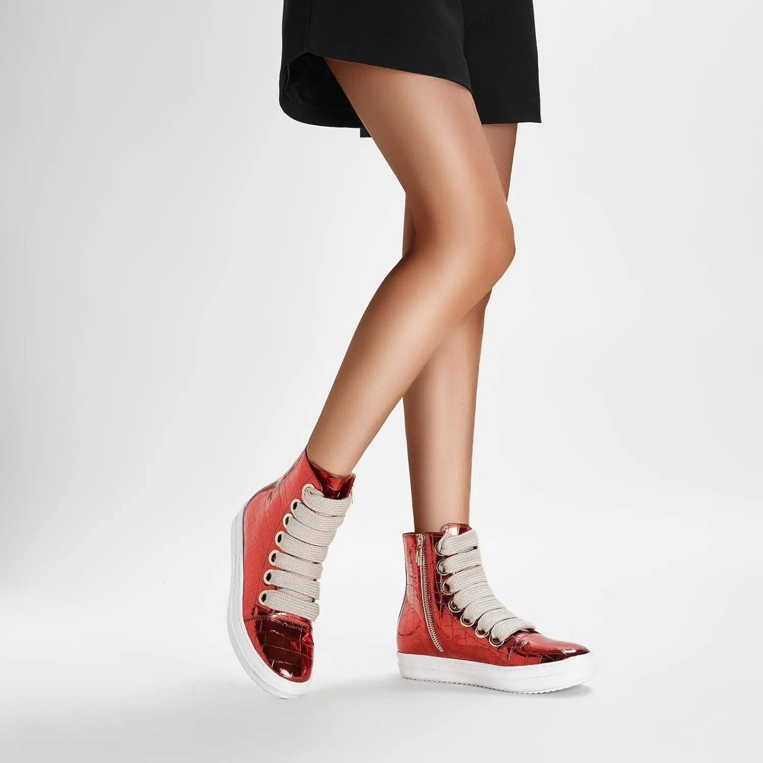 IMPREMEY Women's High Top Sneakers Lace Up Crocodile Leather Shoes Leather Comfort Platform Walking Shoes with Zipper
