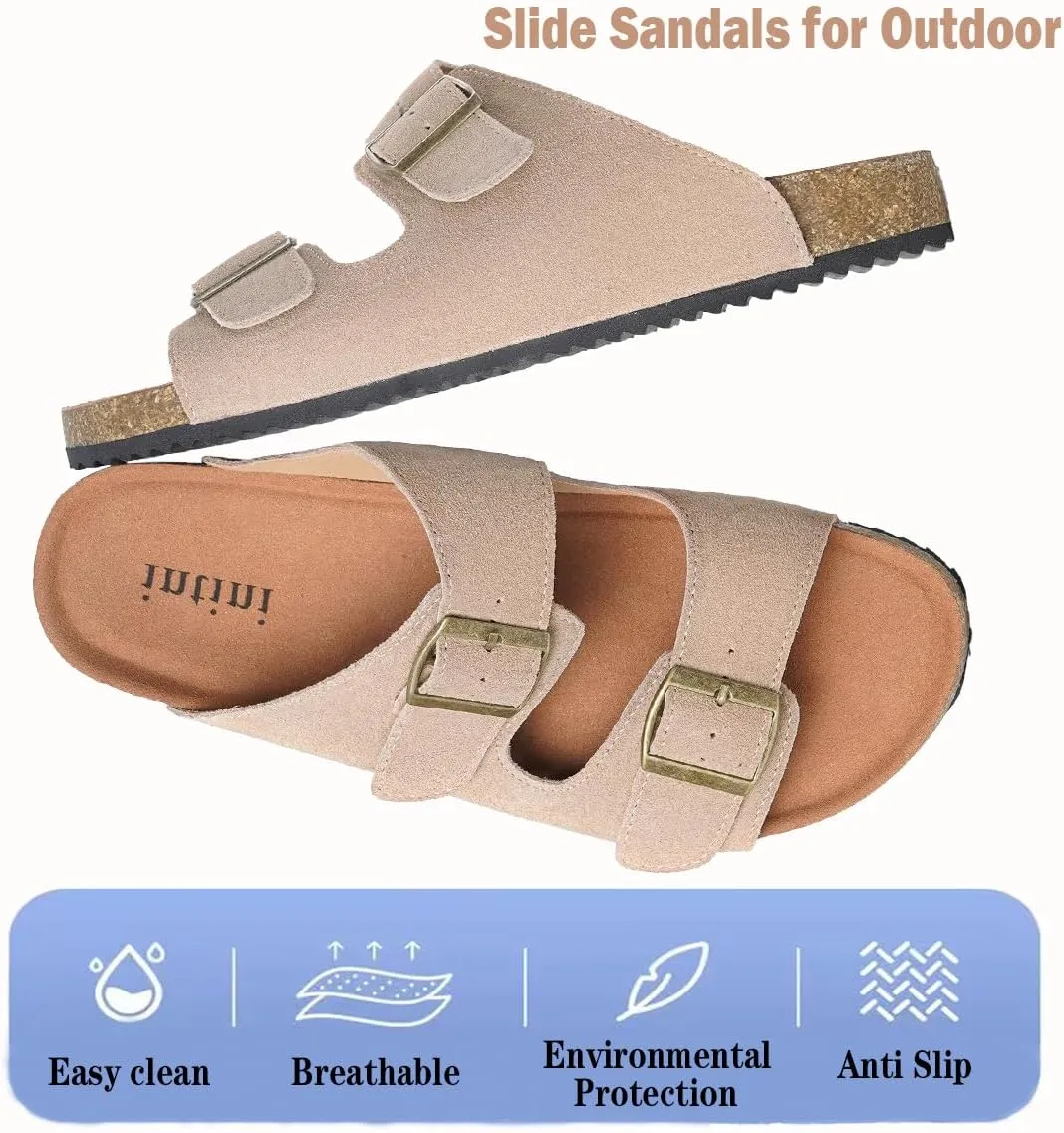 Intini Womens Mens Cork Footbed Slide Sandals Suede Leather Flat Sandals Arch Support Slip on Summer Open Toe Outdoor Slippers with Adjustable Buckle