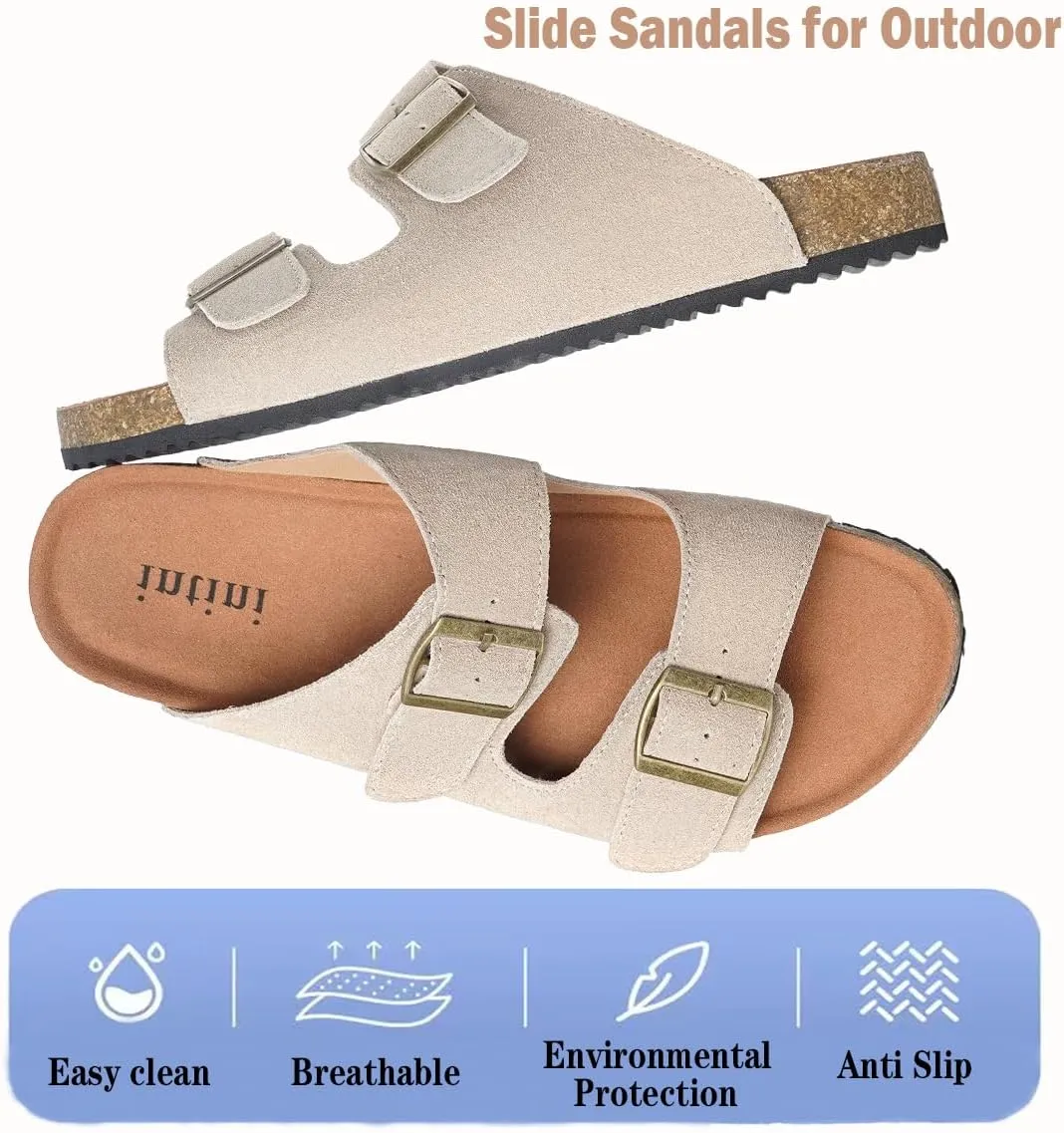 Intini Womens Mens Cork Footbed Slide Sandals Suede Leather Flat Sandals Arch Support Slip on Summer Open Toe Outdoor Slippers with Adjustable Buckle