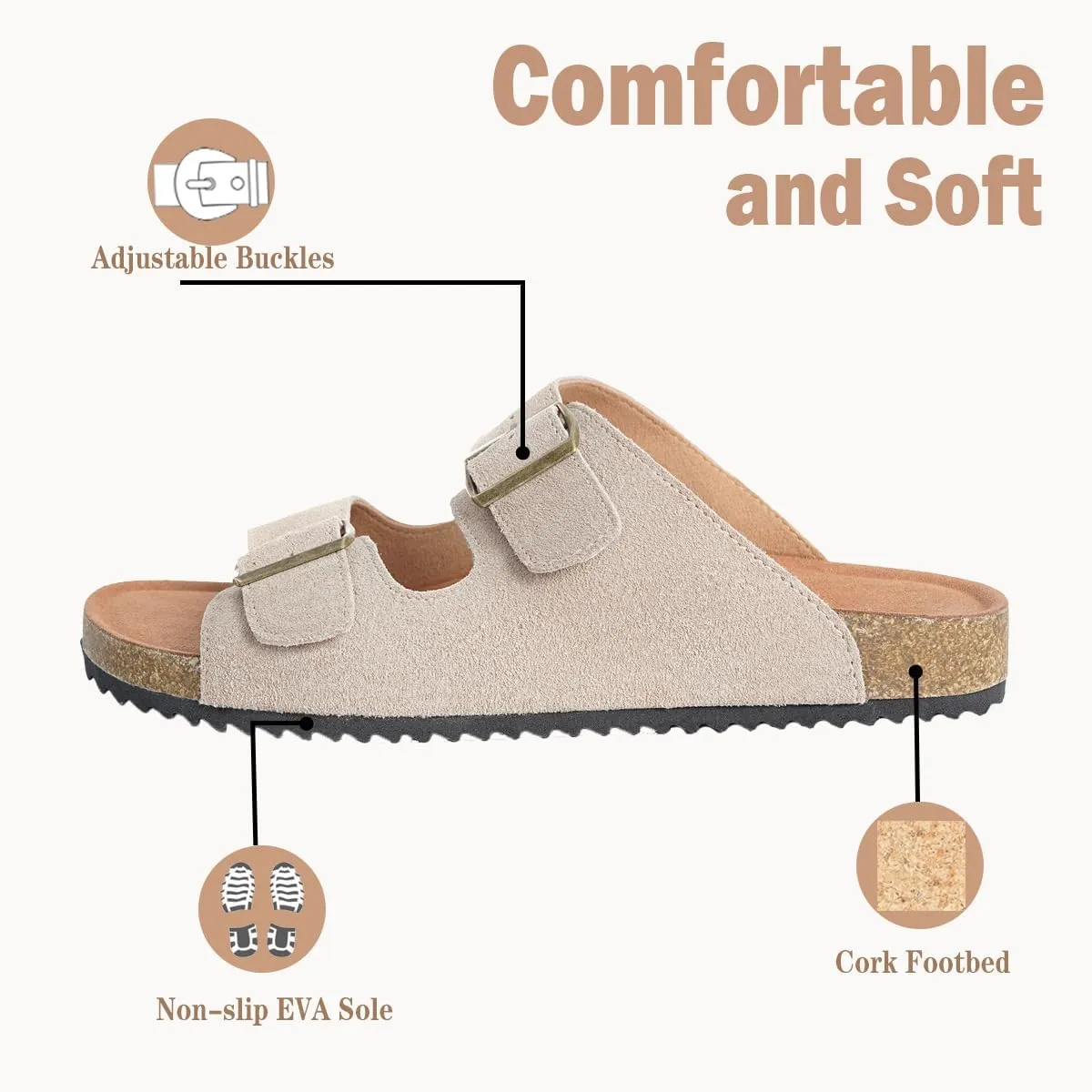 Intini Womens Mens Cork Footbed Slide Sandals Suede Leather Flat Sandals Arch Support Slip on Summer Open Toe Outdoor Slippers with Adjustable Buckle
