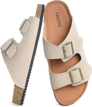 Intini Womens Mens Cork Footbed Slide Sandals Suede Leather Flat Sandals Arch Support Slip on Summer Open Toe Outdoor Slippers with Adjustable Buckle