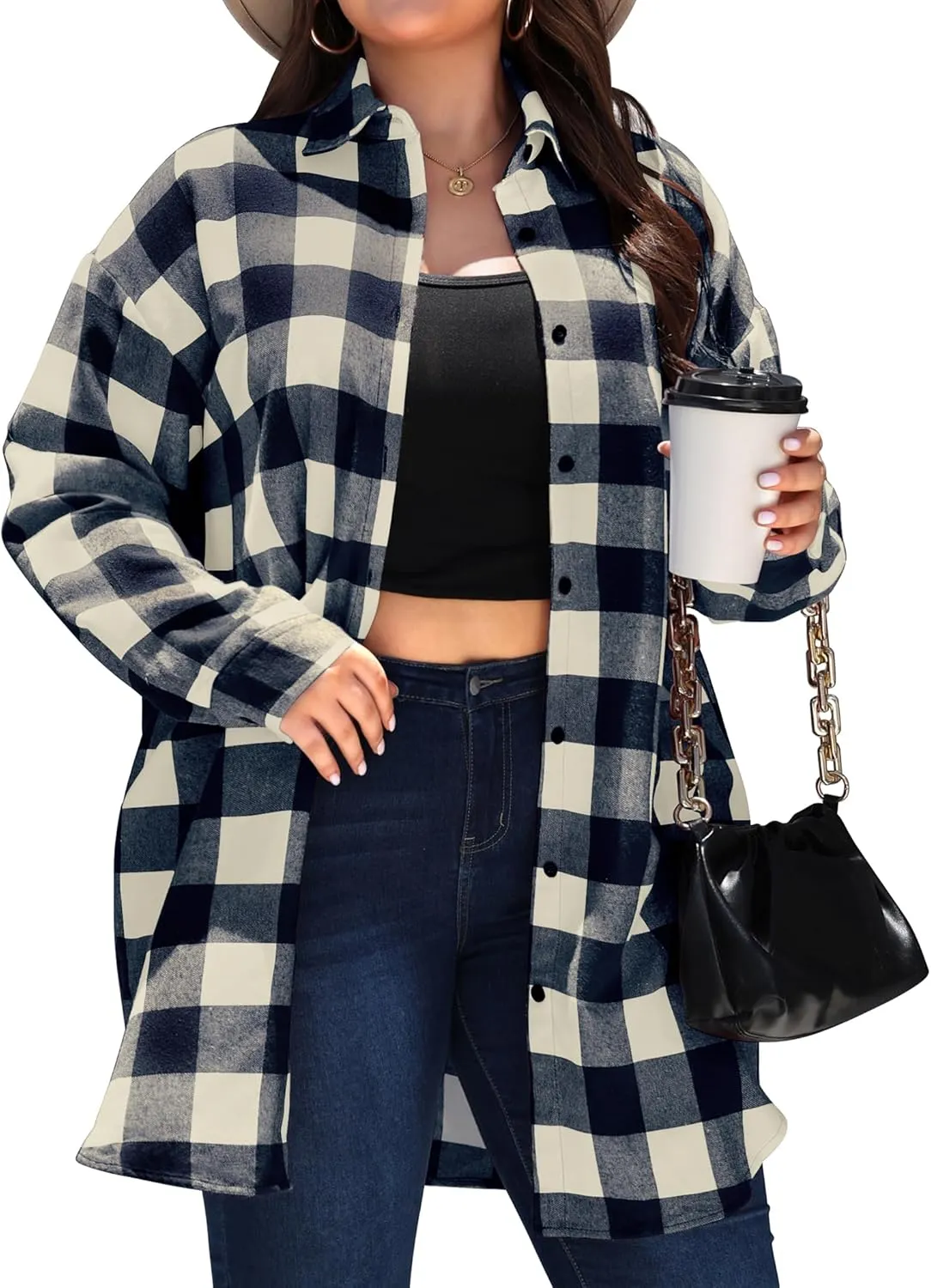 IN'VOLAND Womens Plus Size Plaid Flannel Shirt Long Sleeve Button Down Blouses Tops Shacket Jackets Coats with Pockets