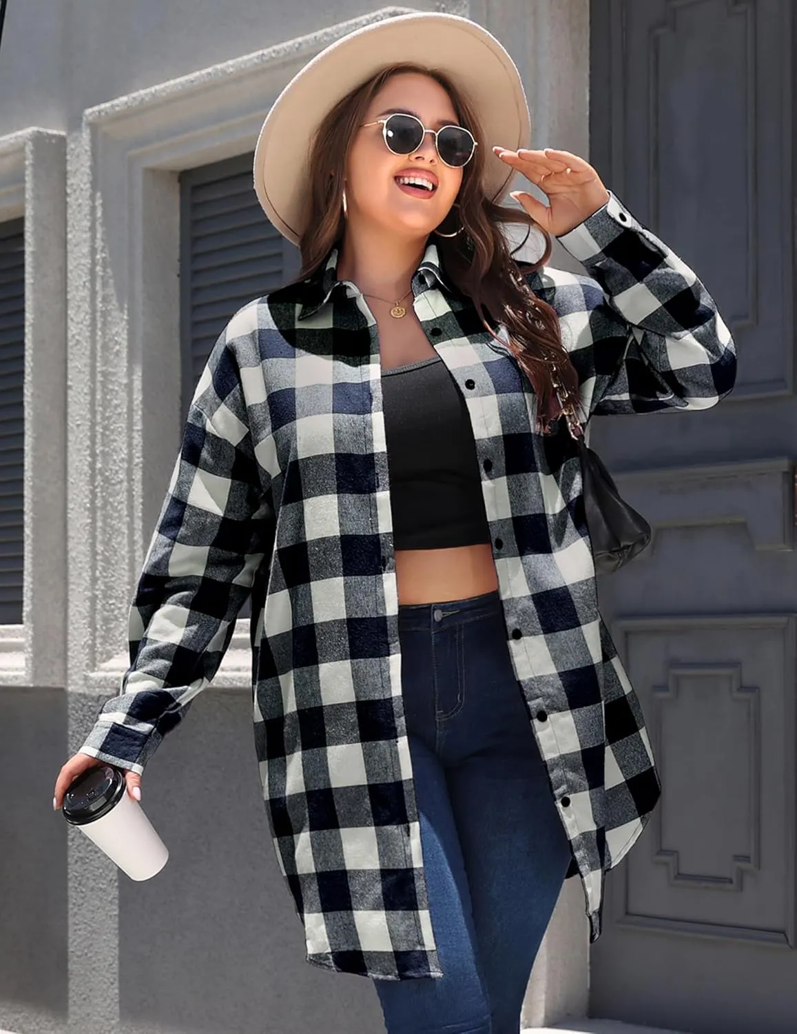 IN'VOLAND Womens Plus Size Plaid Flannel Shirt Long Sleeve Button Down Blouses Tops Shacket Jackets Coats with Pockets