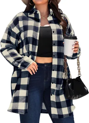 IN'VOLAND Womens Plus Size Plaid Flannel Shirt Long Sleeve Button Down Blouses Tops Shacket Jackets Coats with Pockets